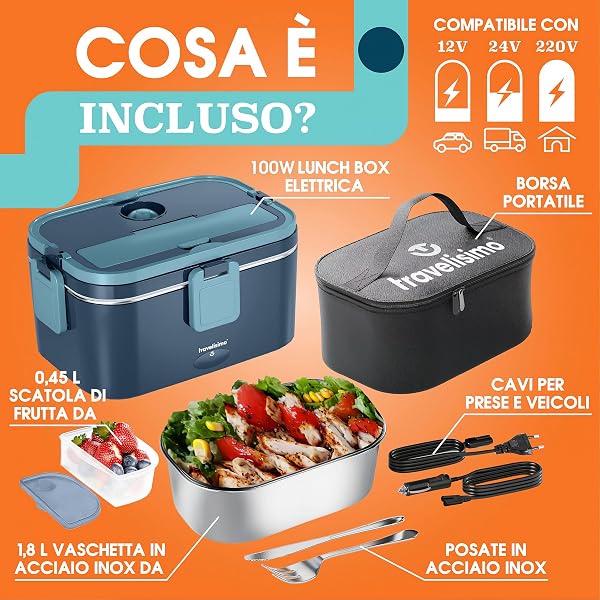 TRAVELISIMO Scaldavivande Elettrico Portatile Extra Grande 1,8L 100W Portapranzo Riscaldabile Portatile, 220V/12V/24V Porta Pranzo Riscaldabile per Viaggio e Lavoro, Porta Pranzo Termico - 5