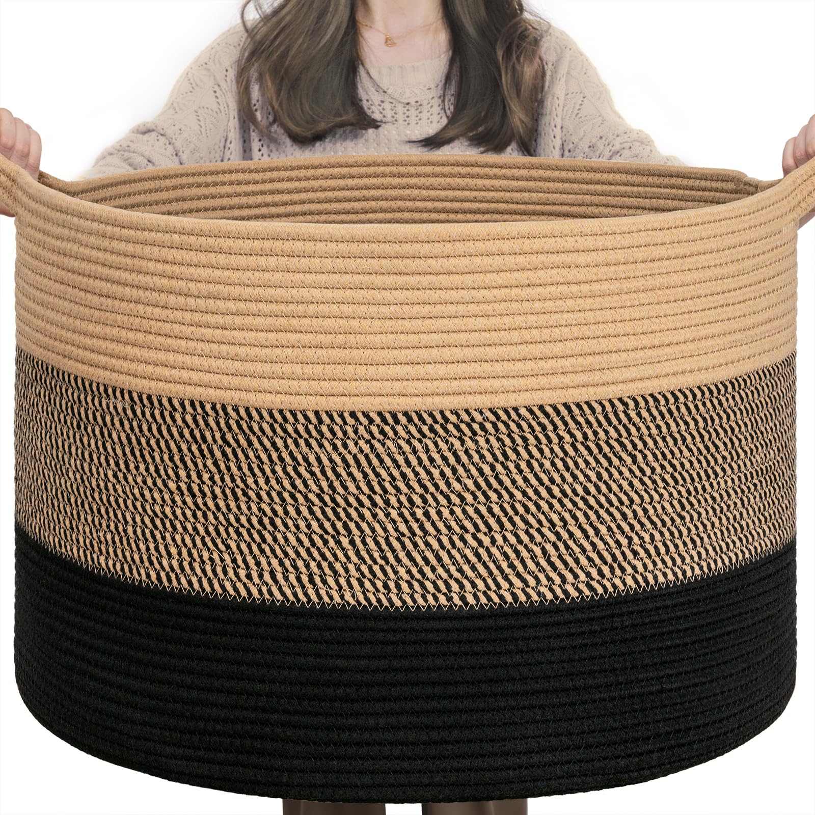 TIMEYARD XXXLarge Cotton Rope Basket Woven Baby laundry Blanket Basket for Living Room Decor, Toy Storage Baskets for Kids Boys Girls, 55x35cm, Black & Brown โ image 1