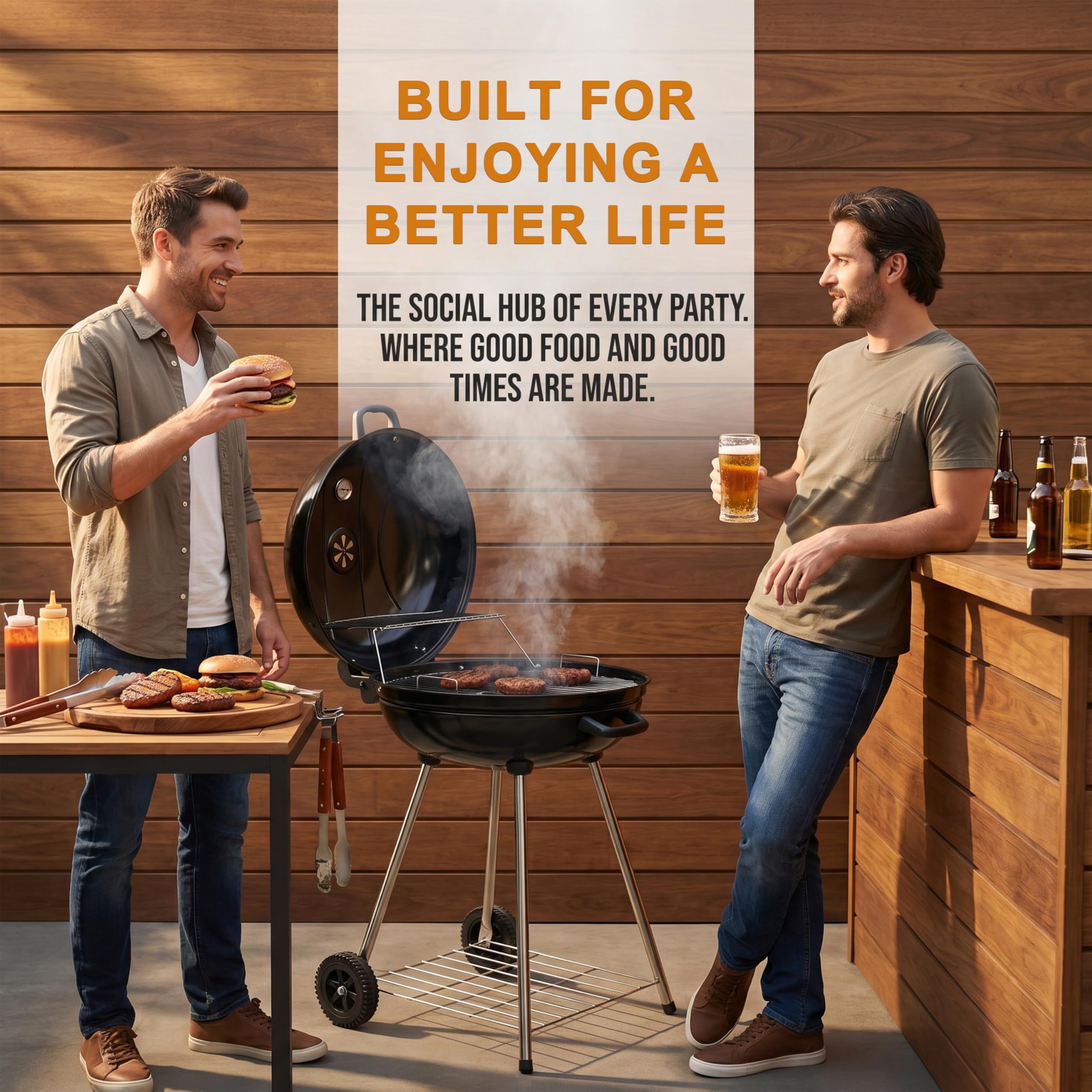 Elitzia ETBBQ01 Przenośny grill na węgiel drzewny z kółkami, czajnik, grill na zewnątrz, grill, pionowy kemping, podwórko, patio, ogród, okrągły grill na węgiel drzewny, do gotowania na świeżym