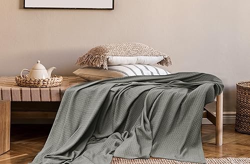 Miniatura 6 de COTTON CRAFT Basket Weave - Manta 100% algodón de 330 GSM, manta térmica ultra suave, para todas las estaciones, ligera, transpirable, agradable a