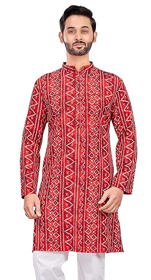 Men's Polyester Bandhni Print Knee Length Relax Fit Regular Kurta