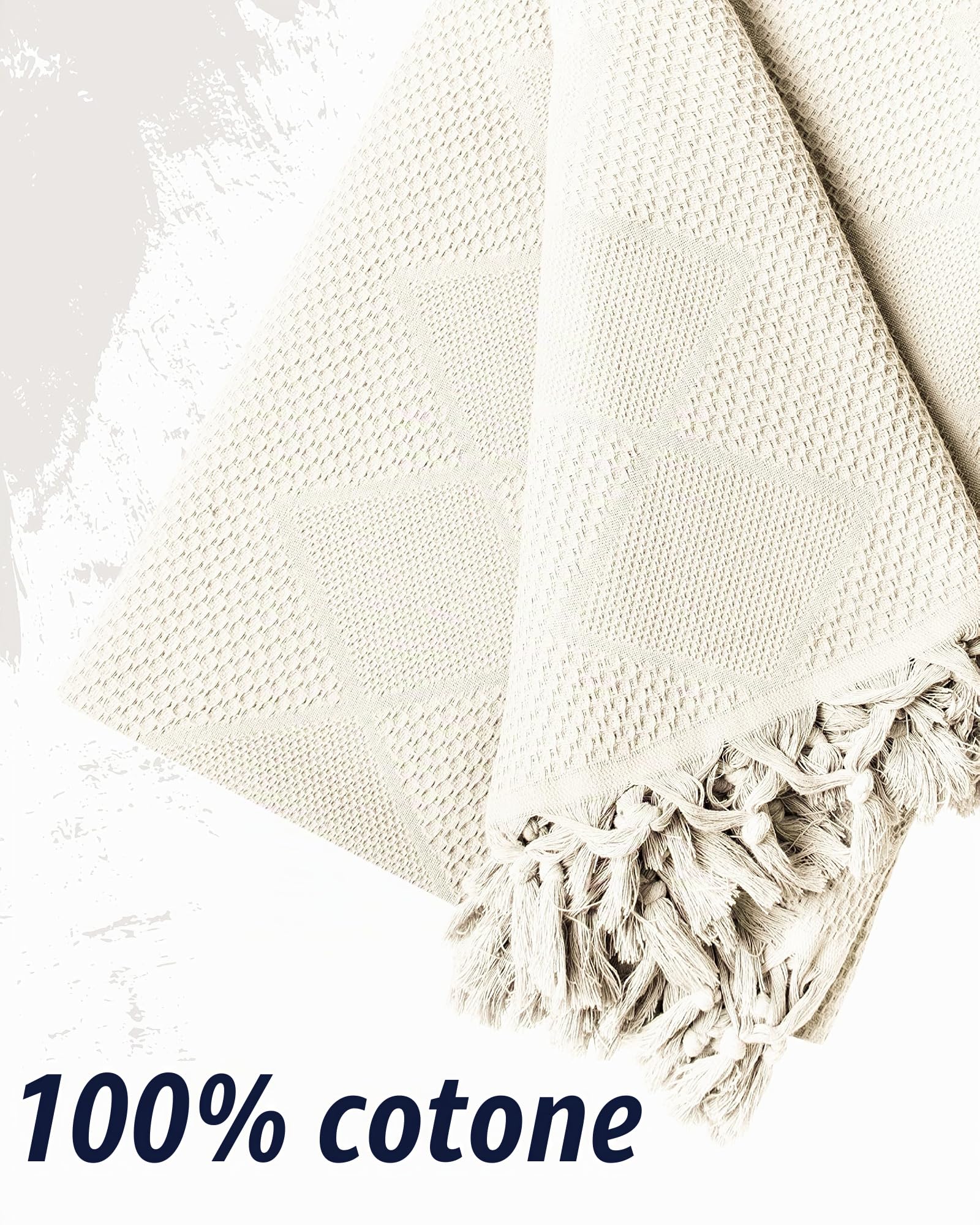 LAYNENBURG Premium Copriletto con frange annodate a mano - 100% cotone - 180 x 220 cm - Coperta estiva in Waffle Piqué - Coperta in cotone come coperta da letto, coperta da divano (Naturale)