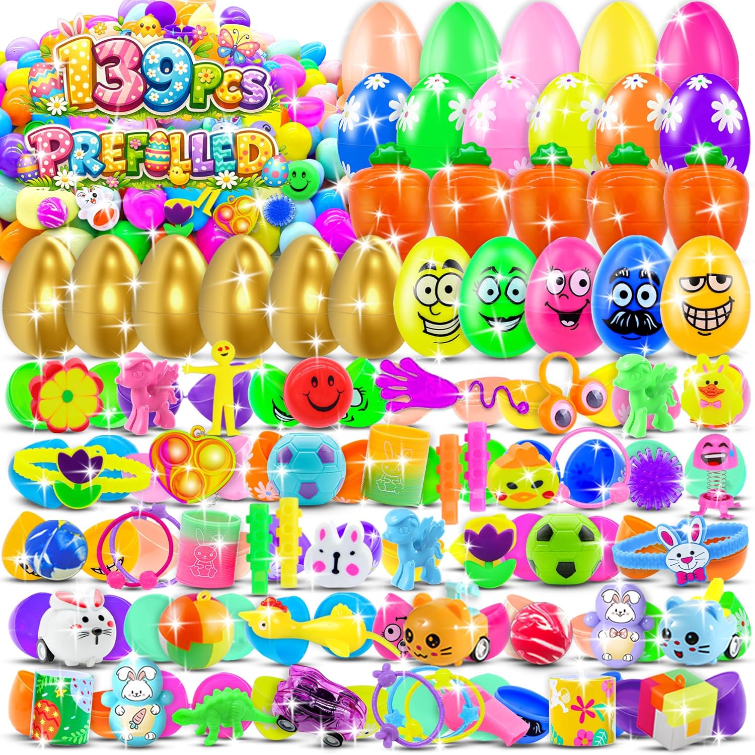 139 Pack Prefilled Easter Eggs with Toys Inside, Plastic Eggs Fillers Basket Stuffers Easter Eggs Hunt Games Party Favors Gifts