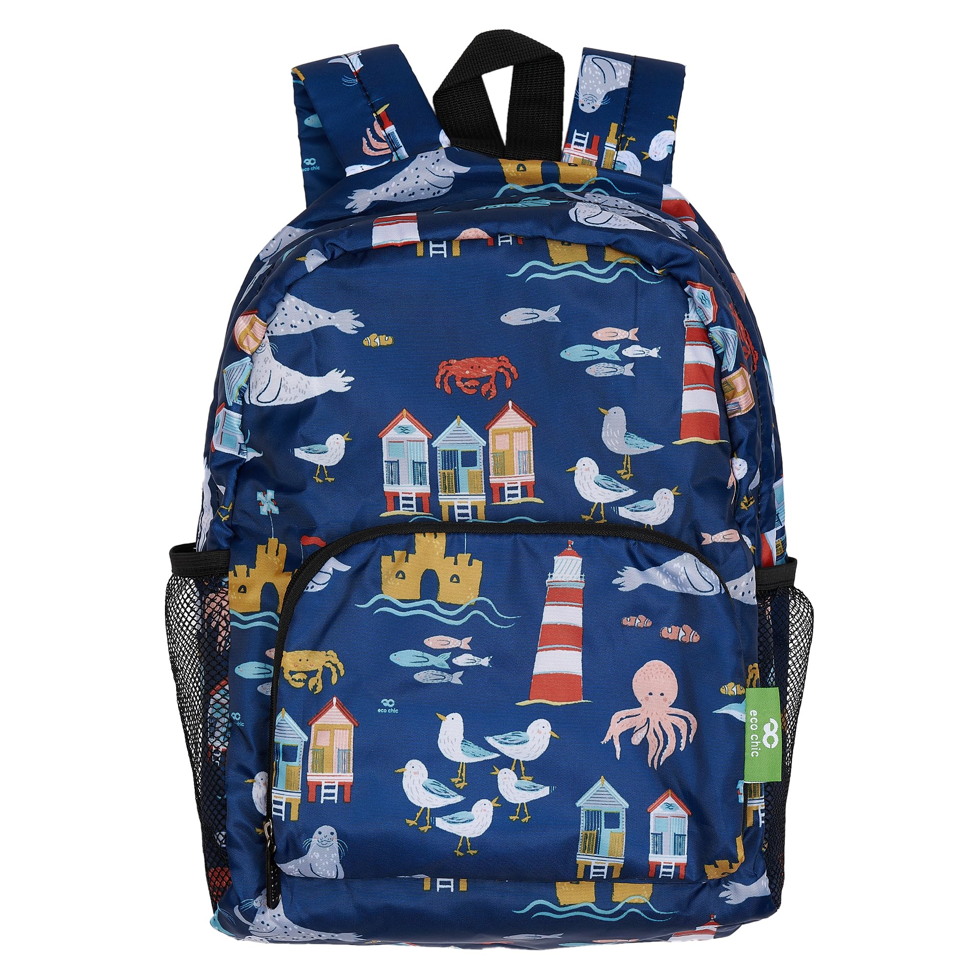Eco Chic Unisex Seaside Navy Lightweight Foldable Water Resistant Mini Backpack Folds Into Pouch For Storage (Seaside Navy)