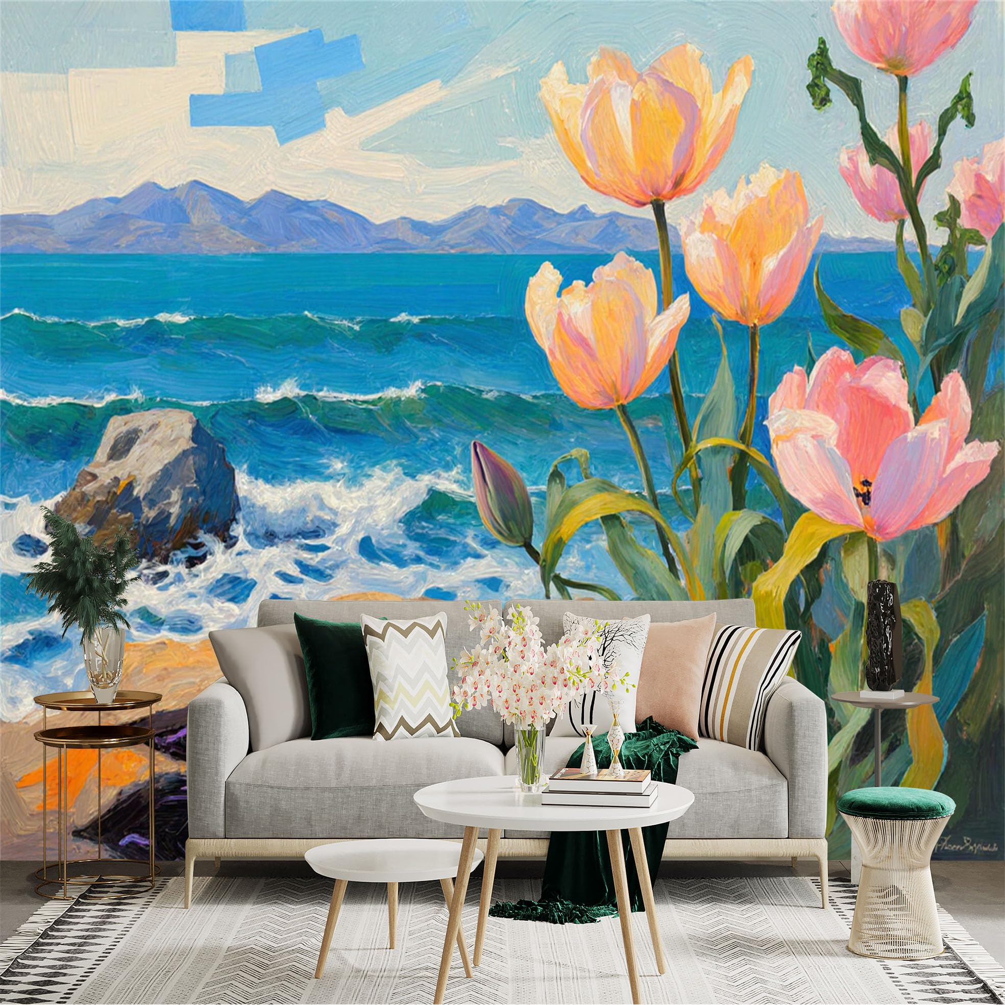 Lnzczhyre Xc260505572 Custom Size Wall Sticker Mural， Pink Spring Tulips， Ocean Waves With Rocky Shore， Coastal Landscape Oil Painting， For Wall Decoration， Peelandstick Wall Decals.
