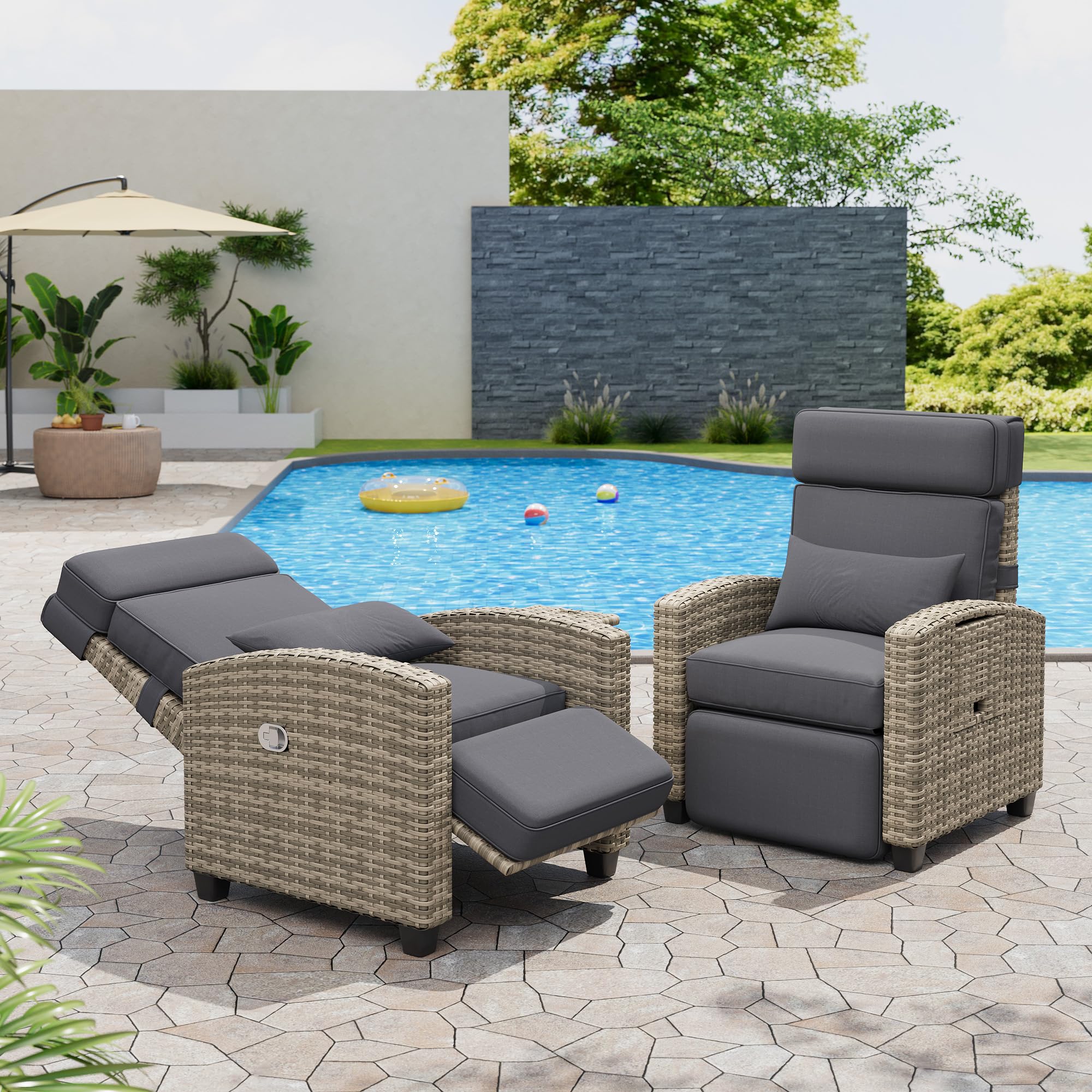 rattan table and reclining chairs