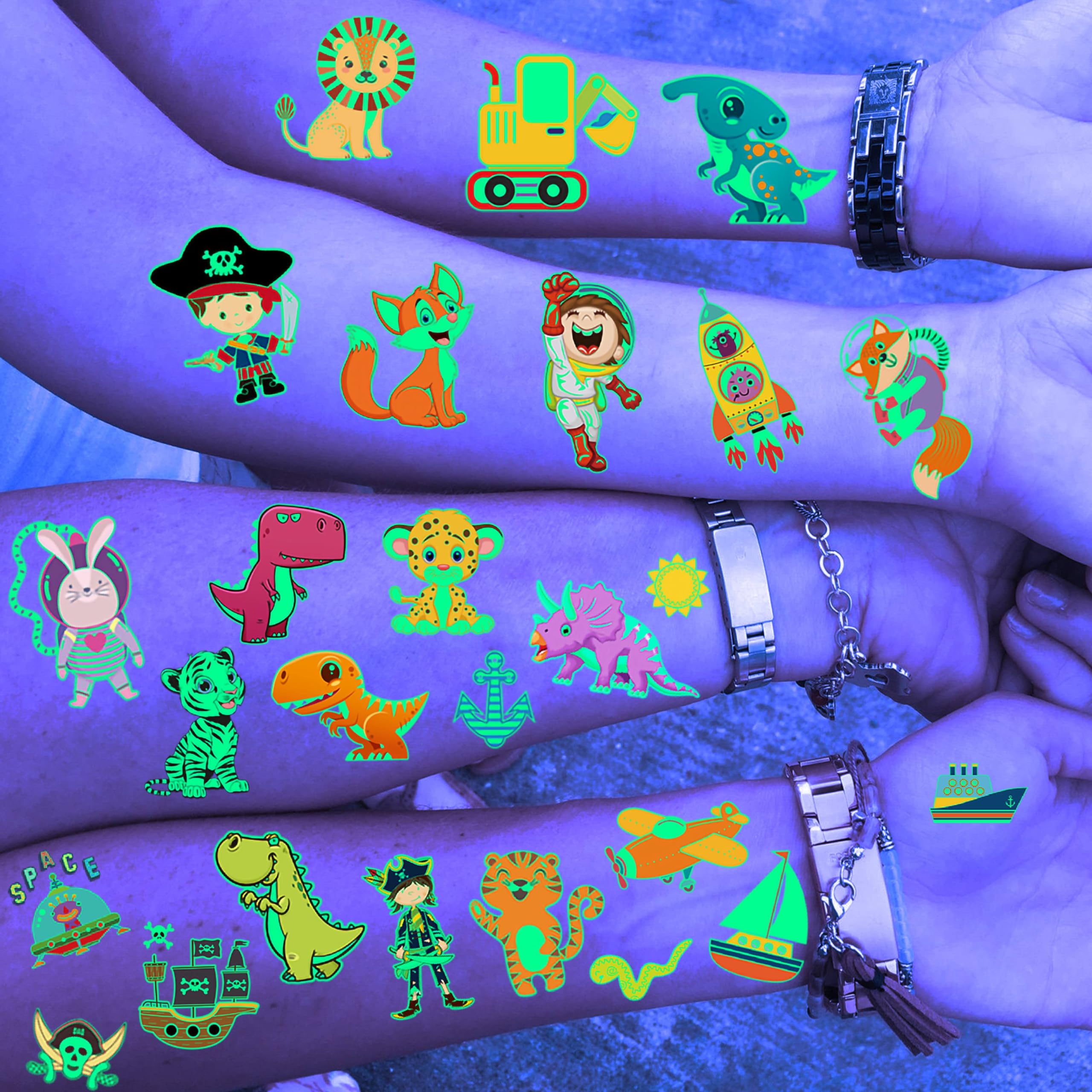 EGMBGM 30 Sheets Animals Glow in The Dark Temporary Tattoos For Kids Boys Girls Teens, Dinosaur Construction Pirate Space Astronaut Glowing Fake Glitter Luminous Tattoo Sticker Toddler Children Kits