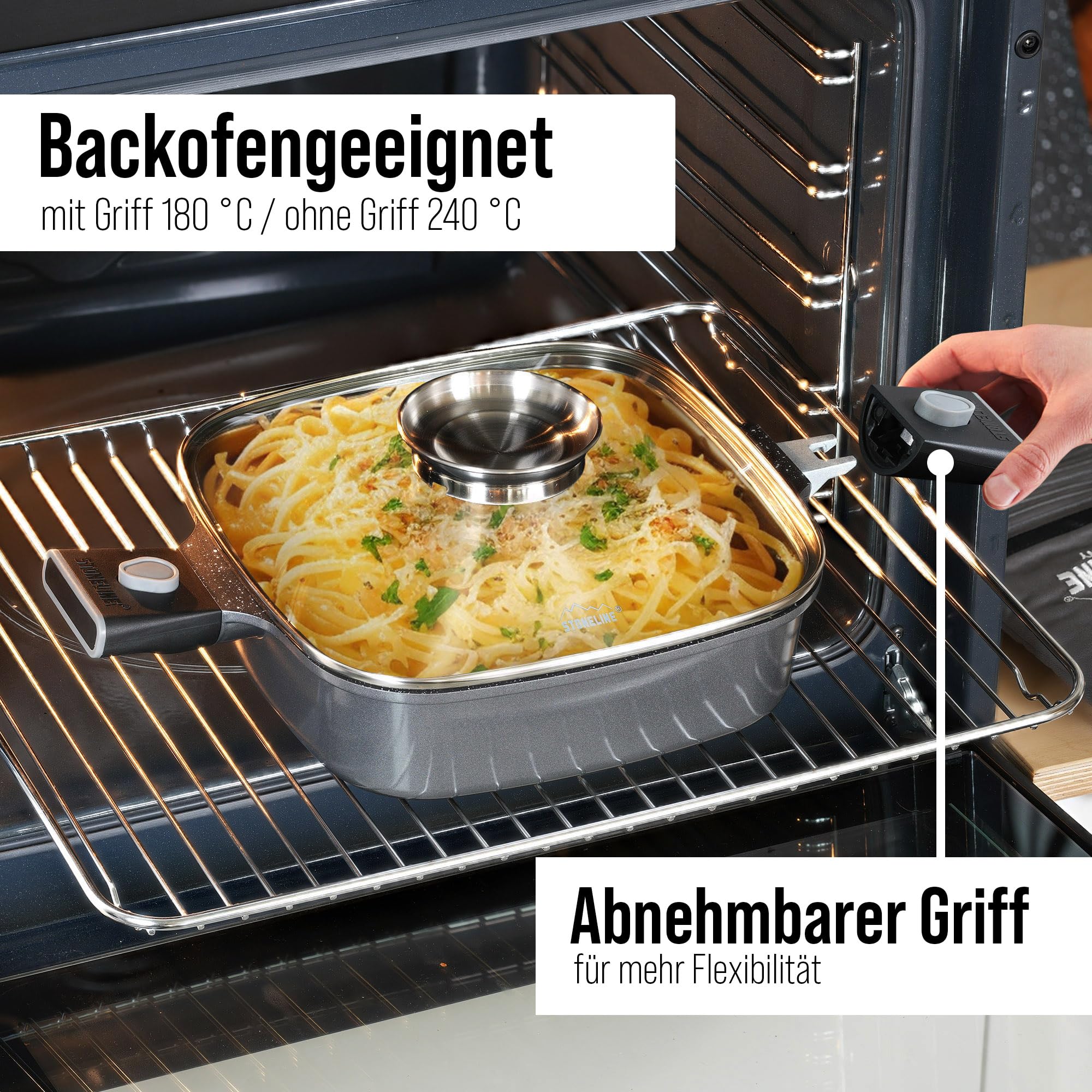 STONELINE SMART Servierpfanne 28 cm ☆ REDESIGN 25/26 ☆ Eckige Pfanne mit Deckel, Abnehmbarer Griff, Aluguss Pfanne Induktion, Alle Herdarten, Antihaftbeschichtet mit echten Steinpartikeln, Grau