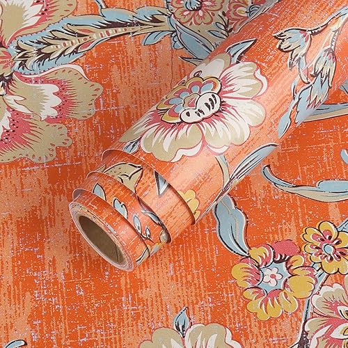 LACHEERY 21"x160" Prepasted Orange Peel and Stick Wallpaper for Bedroom Vintage Floral Wallpaper Stick and Peel for Girls Room Self Adhesive Wall Paper Roll for Living Room Non-Woven Fabric Thick