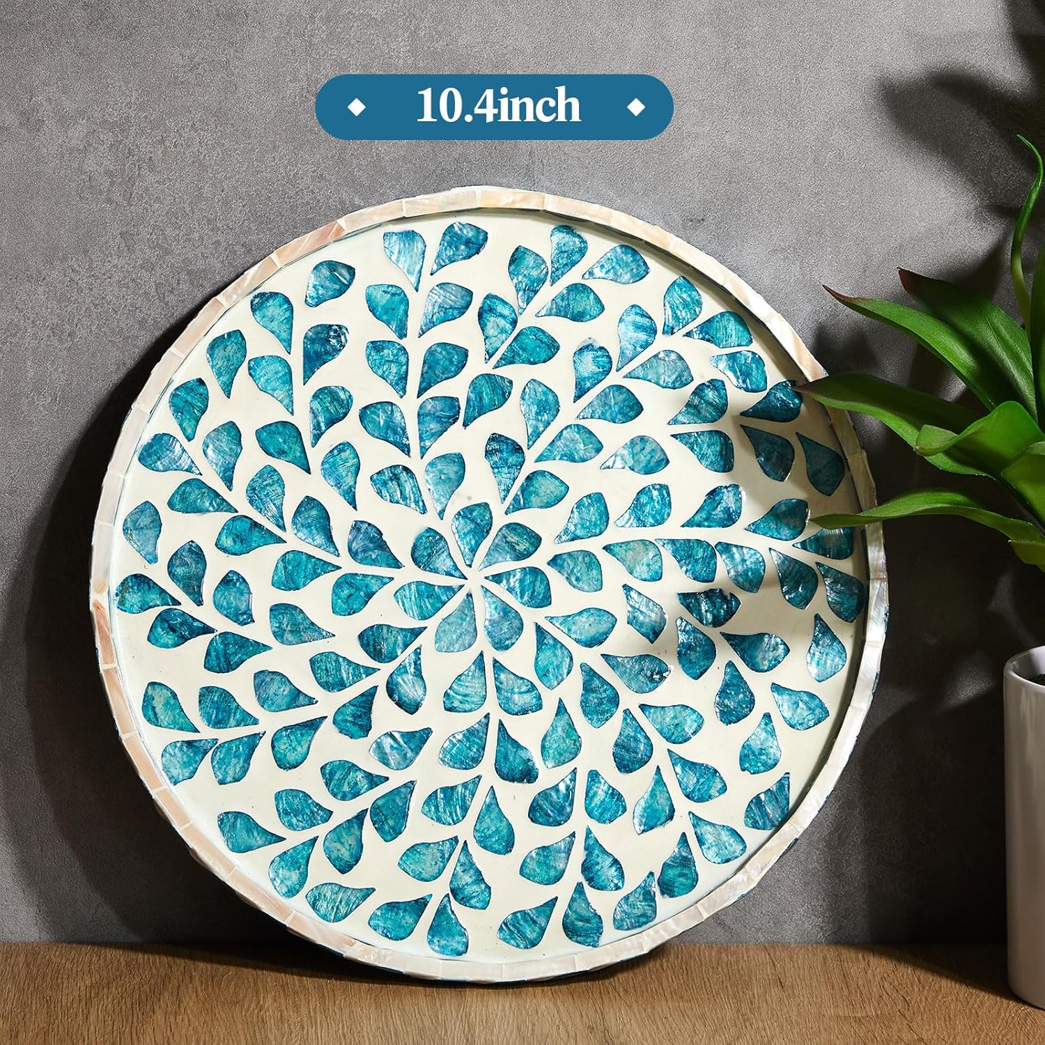 Chunful Mother of Pearl Round Serving Tray Wood Coffee Table Tray 10.4 Inch for Tea Breakfast Kitchen Cabinet(Teal Floral Style) - Image 2
