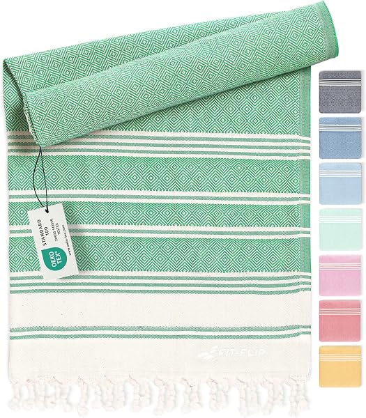Fit-Flip Toallas Playa Hammam – Pareos Grandes de algodón 100% – Toalla Pareo compacta, Gigante y Secado rápido – Fouta XL Absorbente – Ideal para Piscina - Verde - 100x200cm Diamond - 1