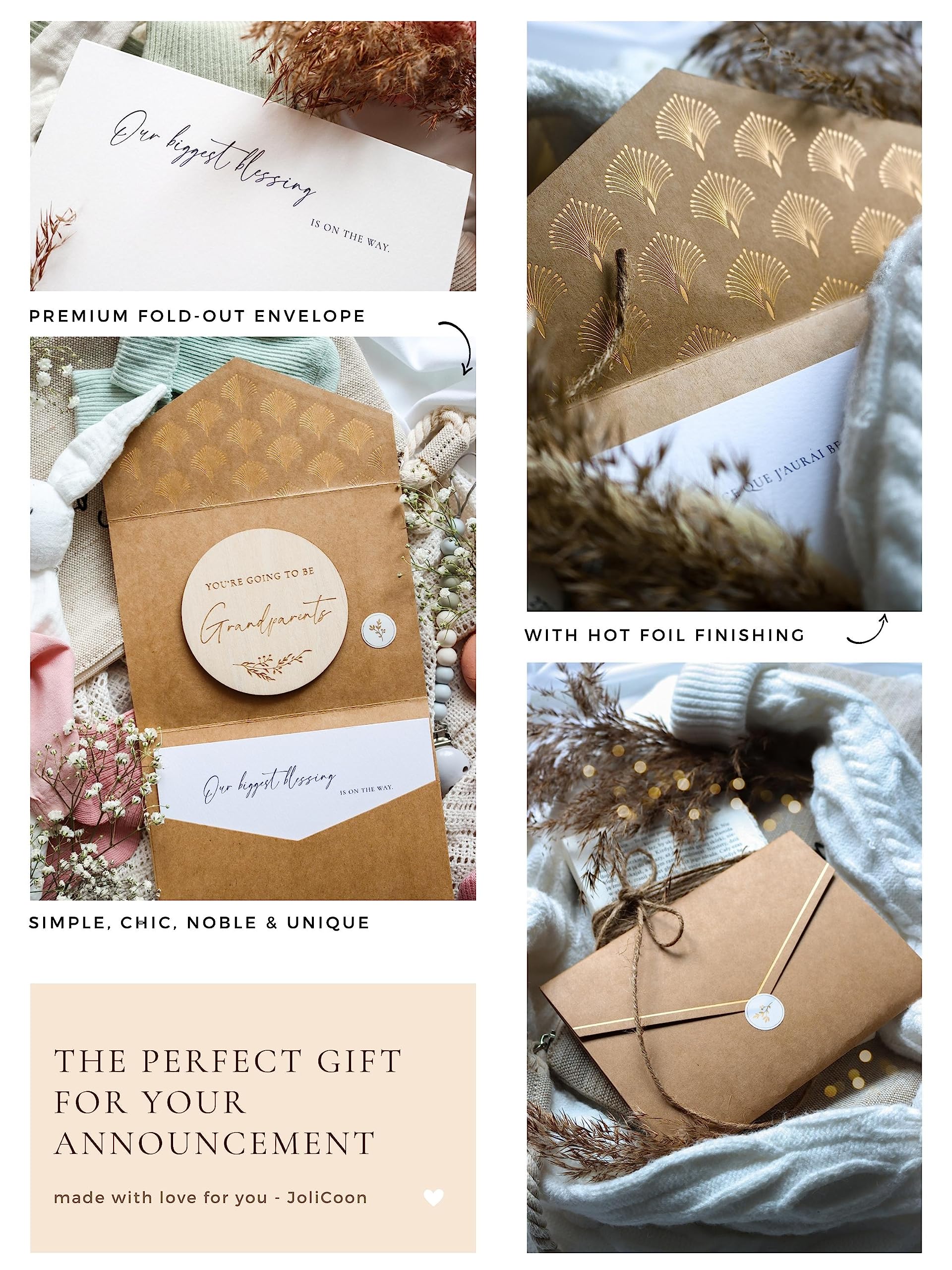 Jolicoon Pregnancy announcement wooden card, You're going to be grandparents with pocketfold envelope and seal sticker - Image 2