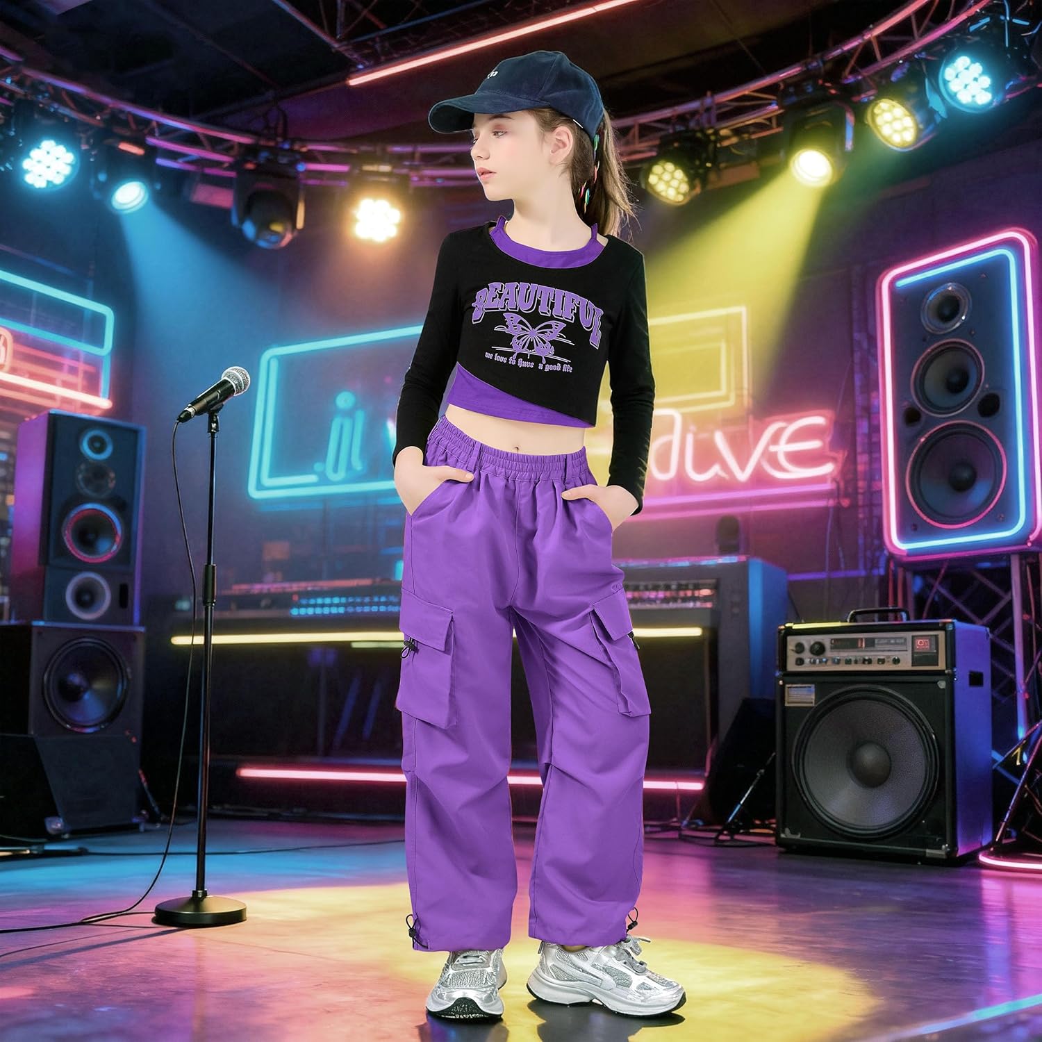 LOLANTA Girls Hip Hop Dance Clothes 2 Piece Outfits Jazz Team Long Sleeve Crop Top Cargo Pants Set - Image 5
