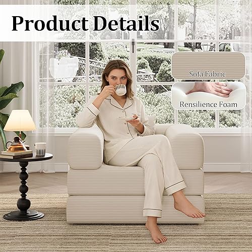 Miniatura 5 de Sofá cama plegable, sofá convertible 2 en 1 para tumbona, cómodo puf individual, portátil, plegable, futón para dormitorio, sala de estar (beige,