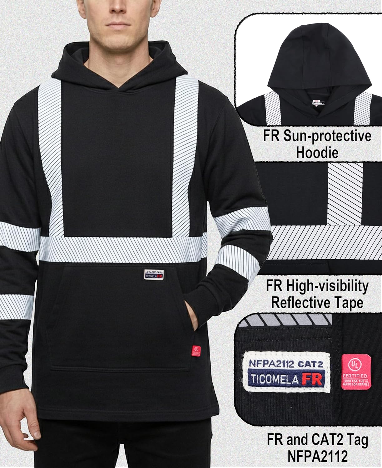 TICOMELA FR Shirts Pullover High Visibility 6oz Lightweight Hi vis Flame Resistant Reflective Hooded Work Shirt