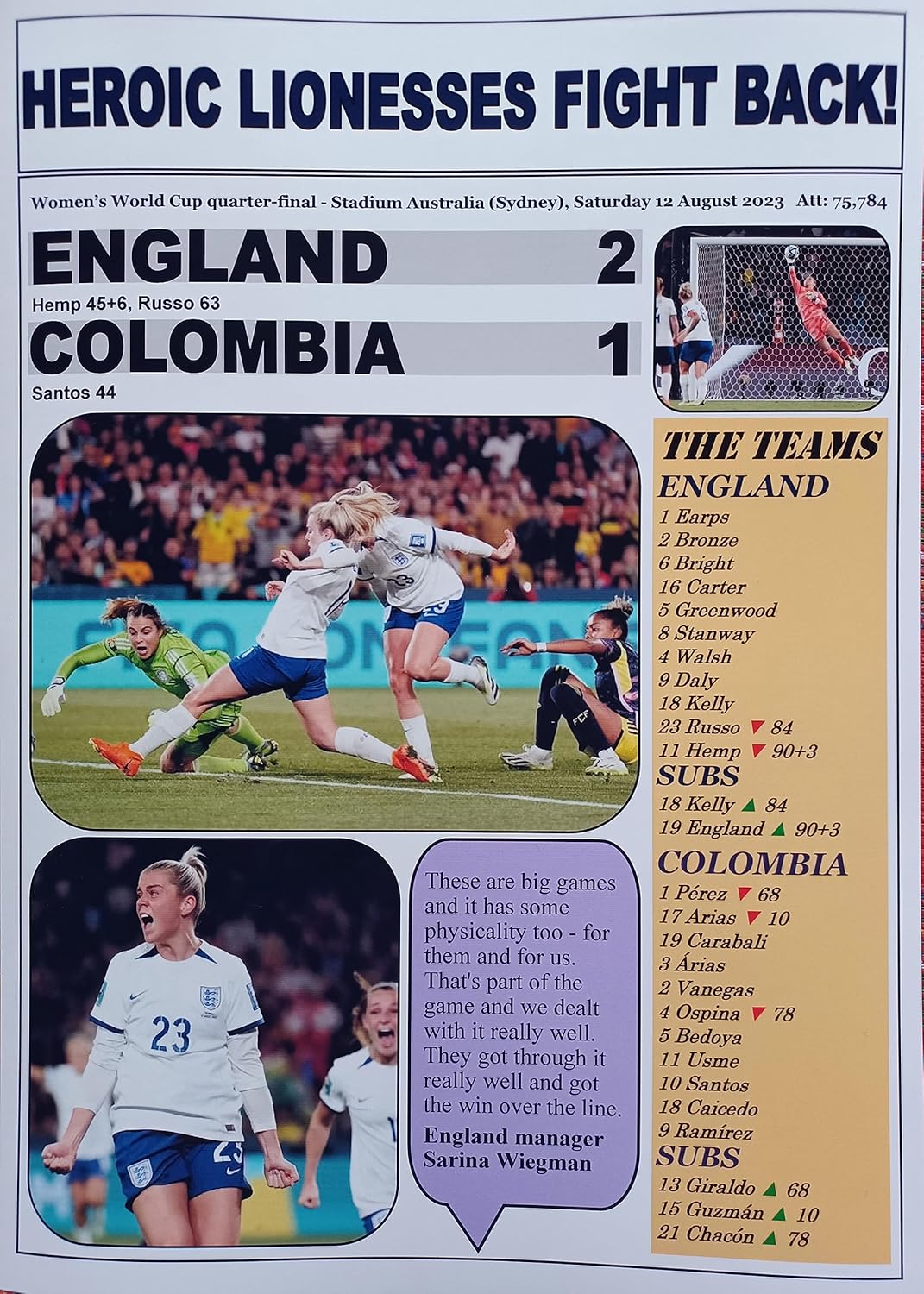 England 2 Colombia 1-2023 Women's World Cup quarter-final - souvenir print