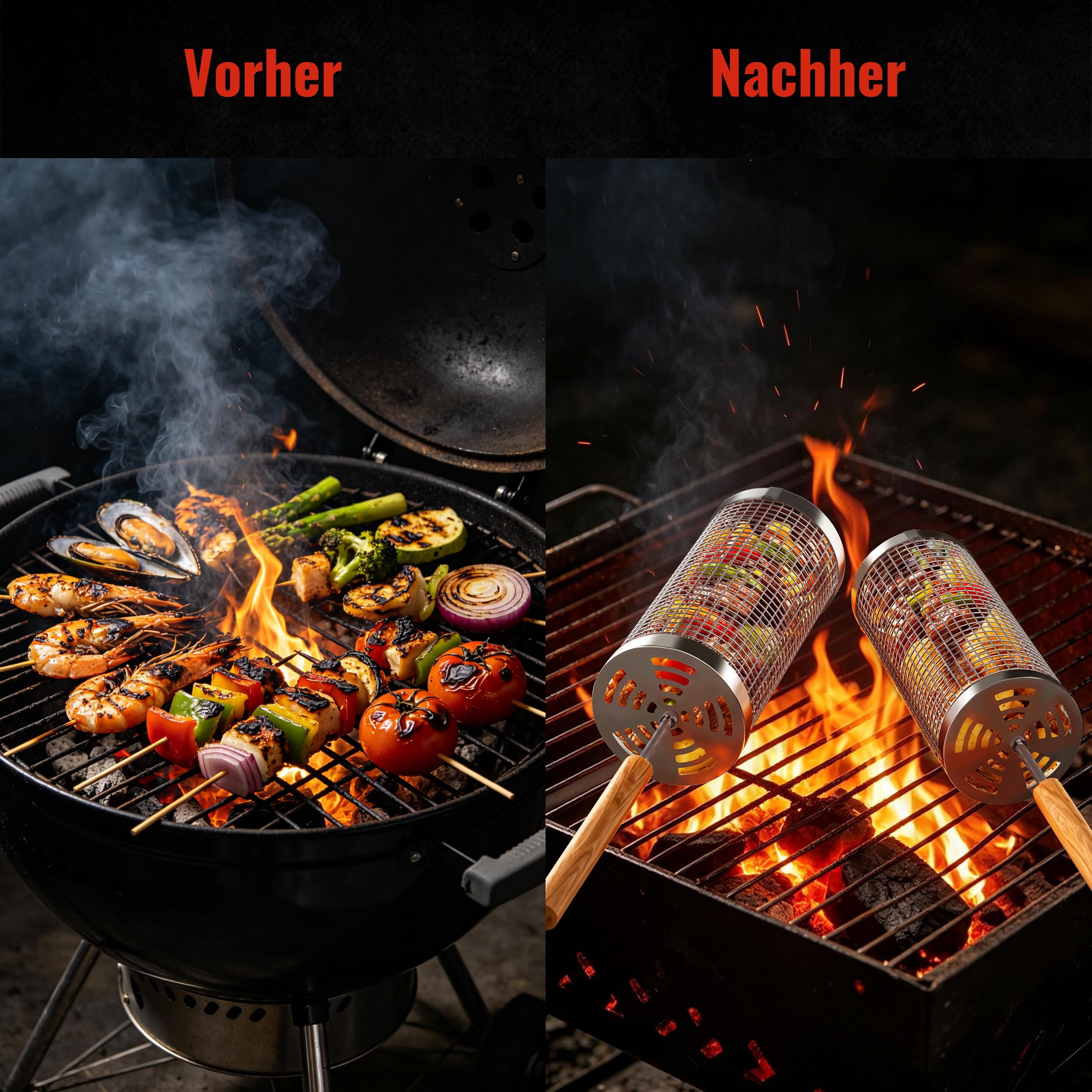 Rollender Grillkorb Edelstahl 304, Abnehmbarer Holzgriff, 2er Set Nestbar, Grill Zubehör für Gemüse und Meeresfrüchte, Gasgrill und Holzkohlegrill, Grill Geschenke für Männer Papa