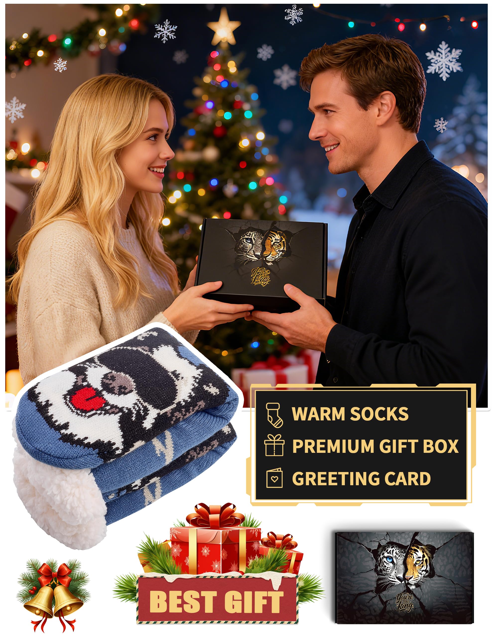 Calcetines Hombre Navidad Térmicos Antideslizantes Gordos Calentitos Invierno Pantuflas Andar por Casa Caja de regalo