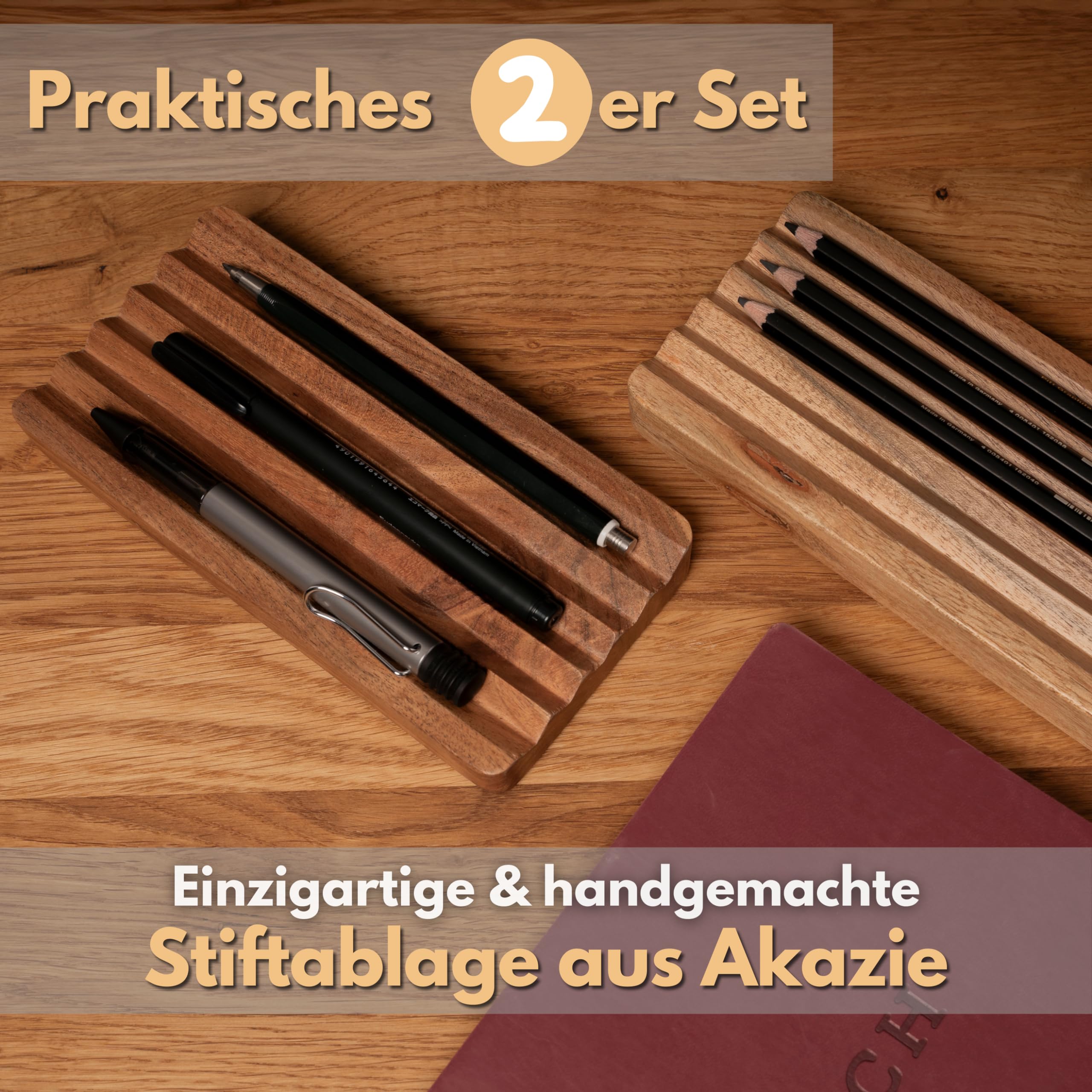 Juego de 2 bandejas de madera de acacia para bolígrafos, 18 x 9 cm, hechas a mano, rústicas, marrones, rectangulares, antideslizantes, para escritorio, utensilios de escritura