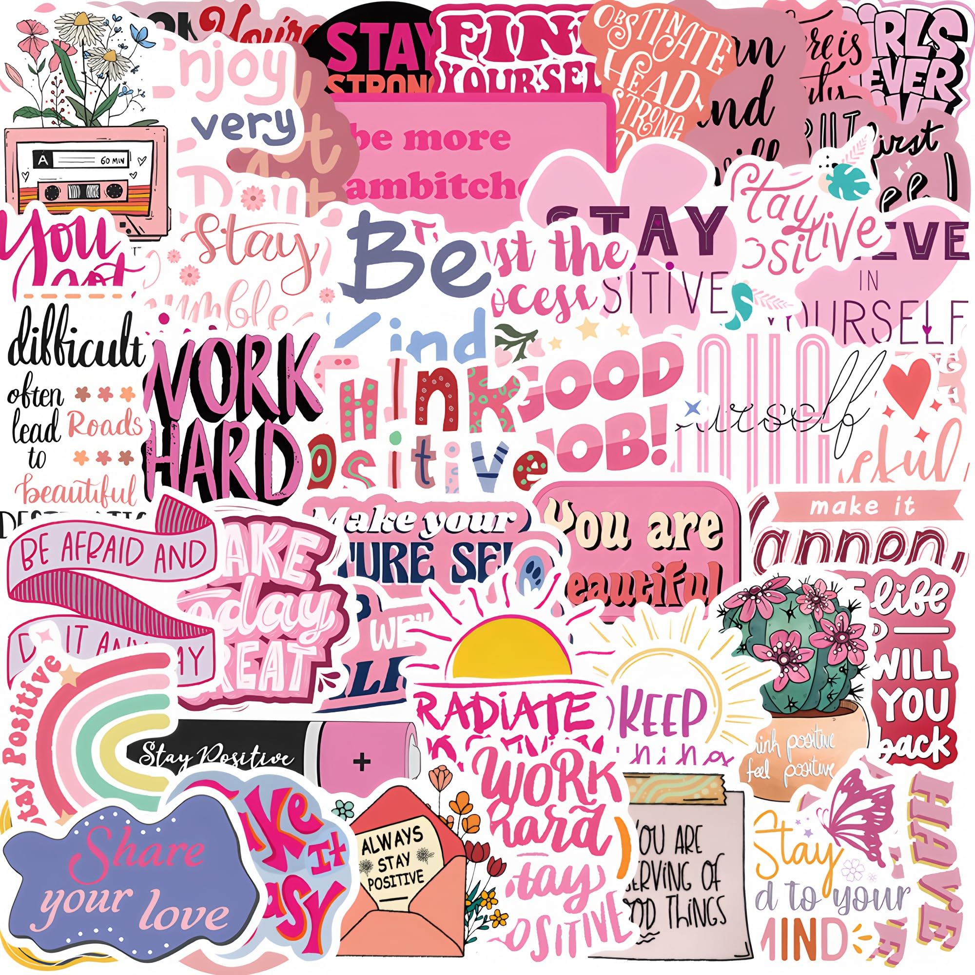 50PCS Pink Motivational & Inspirational Stickers – Durable Waterproof Positive Affirmation Vinyl Decals for Teens & Adults, Perfect for Laptops, Water Bottles, Journals, Scrapbooks & Gifts