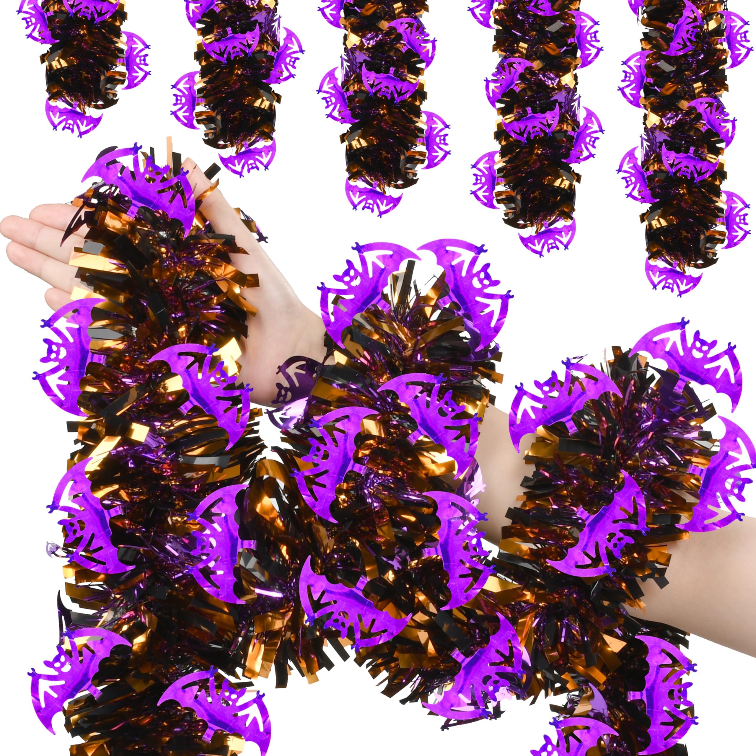 50 FT Halloween Tinsel Garland, Glitter Tinsel Garlands with Black Orange Purple Bat, Metallic Holiday Hanging Streamers for Halloween Party Supplies Indoor Outdoor Decoration
