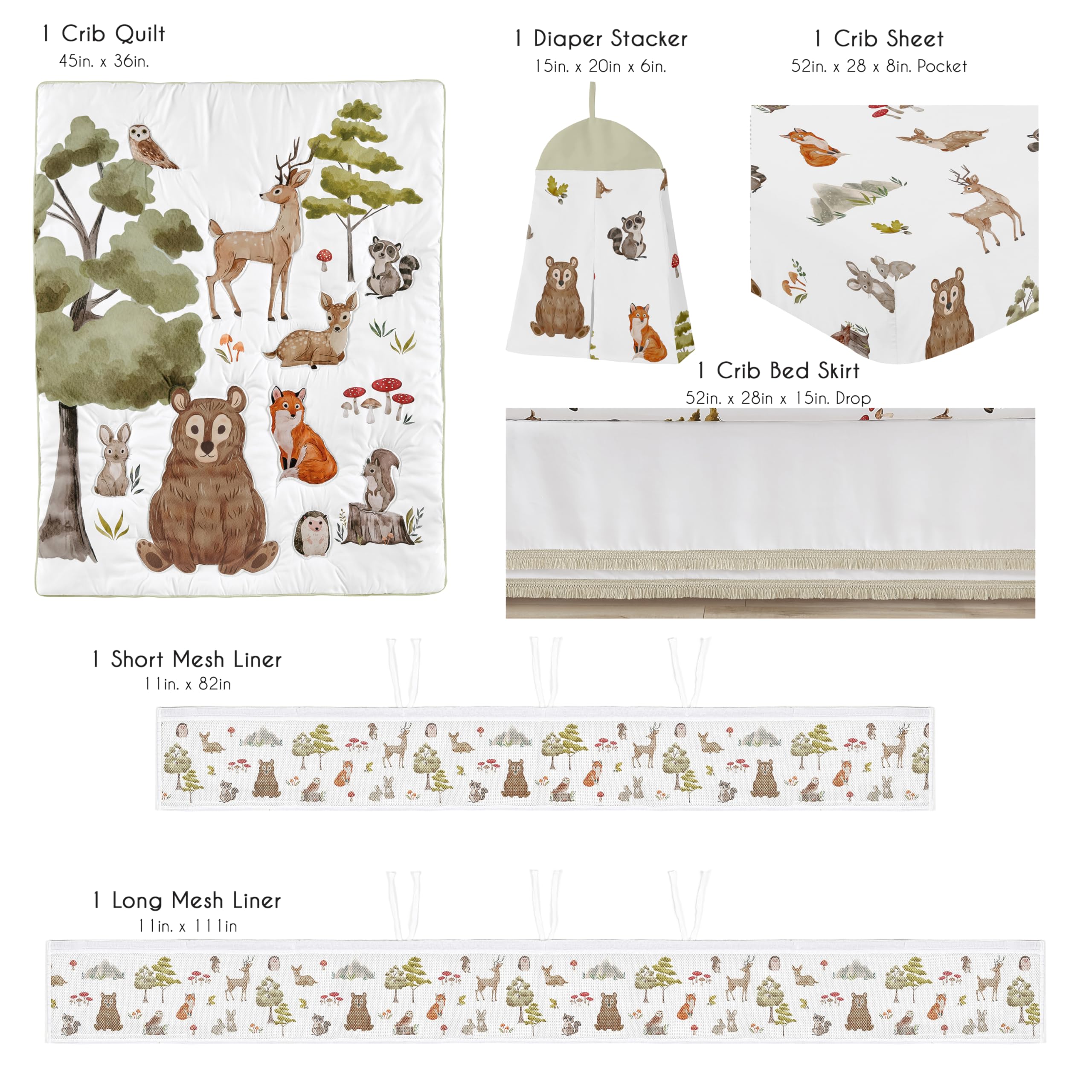 Sweet Jojo Designs Woodland Forest Animals Boy Girl Gender Neutral Baby Crib Bedding Set Infant Nursery Room BreathableBaby Breathable Mesh Crib Liner 6p Animal Friends Bear Fox Igel Watercolor