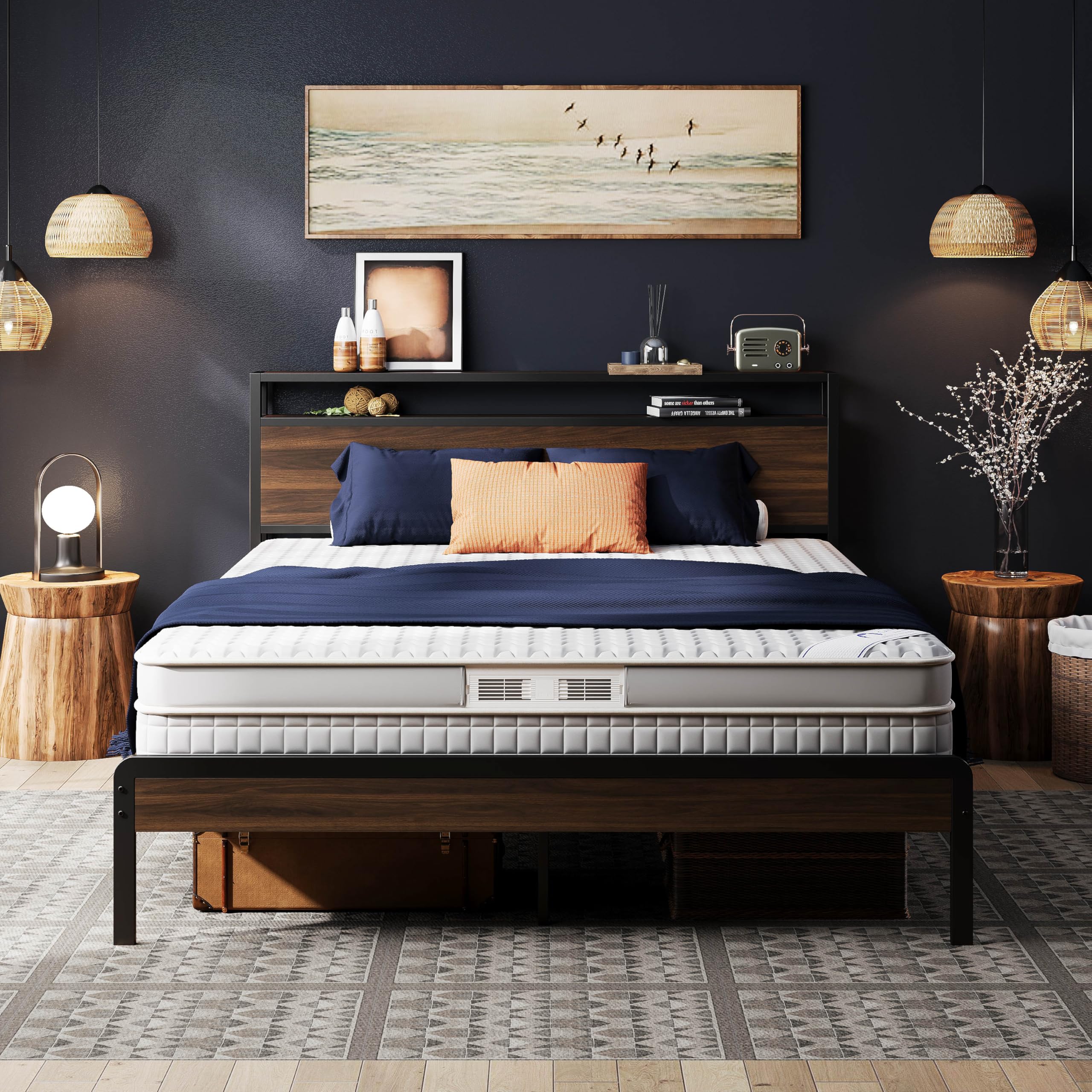 LIKIMIO Queen Bed Frame with 2-Tier Storage Shelf Headboard