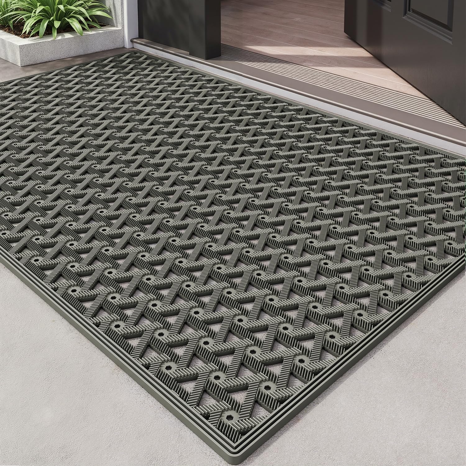 DEXI Outdoor Door Mat 81 x 122 cm, Non Slip Dirt Trapper Doormats Waterproof with Drainage Holes, Low Profile Entry Mats for Entrance, Patio, Garden, Grey