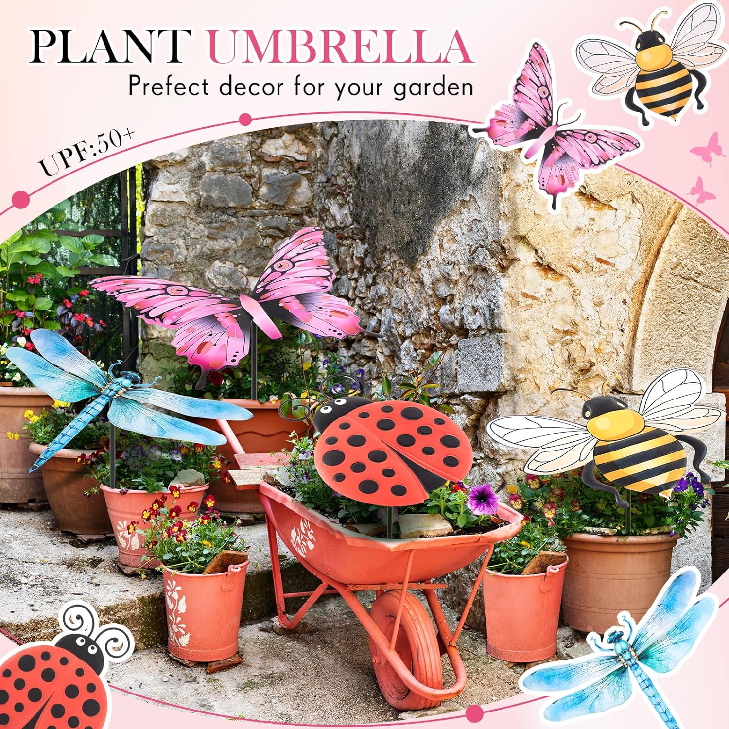 4 Pack Small Plant Umbrellas for Outdoor Plants Shade Cover Cute Metal Garden Shade Outdoor Garden Sun Umbrella for Potted Decor, Provide Shelter from Blazing Sun