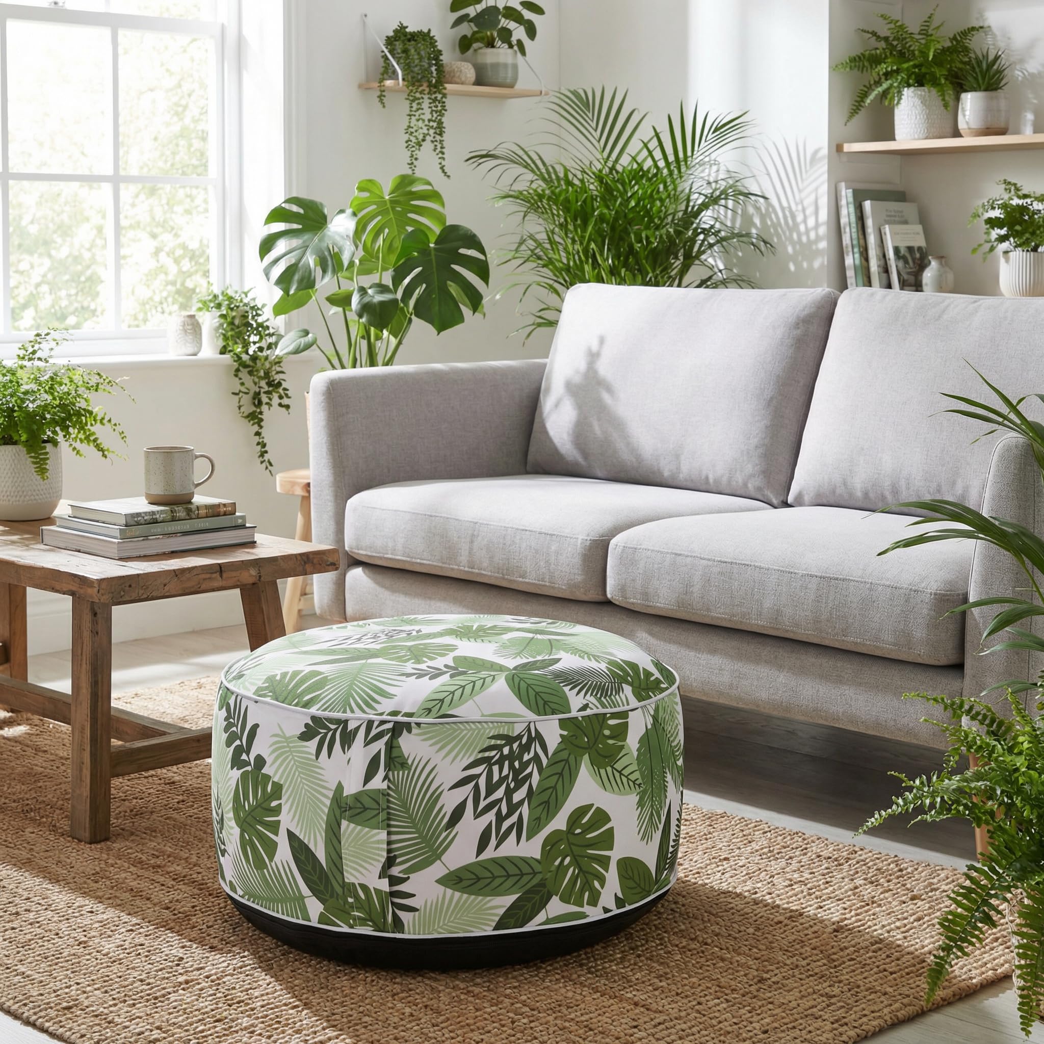 MIJOMA Aufblasbarer Pouf Ø55 x 25 cm – Green Leaves – Leichter Fußhocker für Wohnzimmer und Balkon – wasserabweisend – Sitzhocker und Fußablage