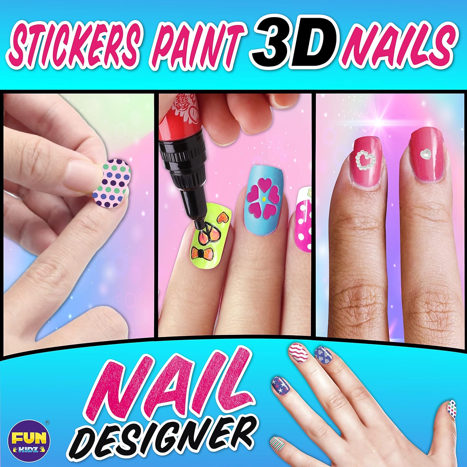 Nail Polish Kit for Kids Ages 7-12, FunKidz Nail Pens Combo Kit Girl Gift Peelable Nail Art Studio Set with Cool Girly Decoration Stuff- Polish, Pen, Pearls, Glitter, Stickers, Filer, Gems : Beauty & Personal Care