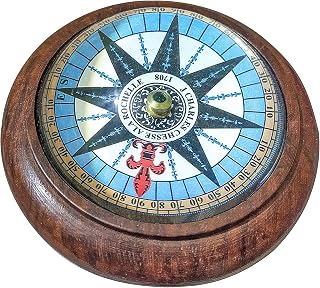 Vintage Nautical Paper Weight Desk Compass - with J Charles Chesse Ala Rochelle 1708 Dial(Dome Shaped, Round Magnetic Dial, Wooden Base, 4 Inch )
