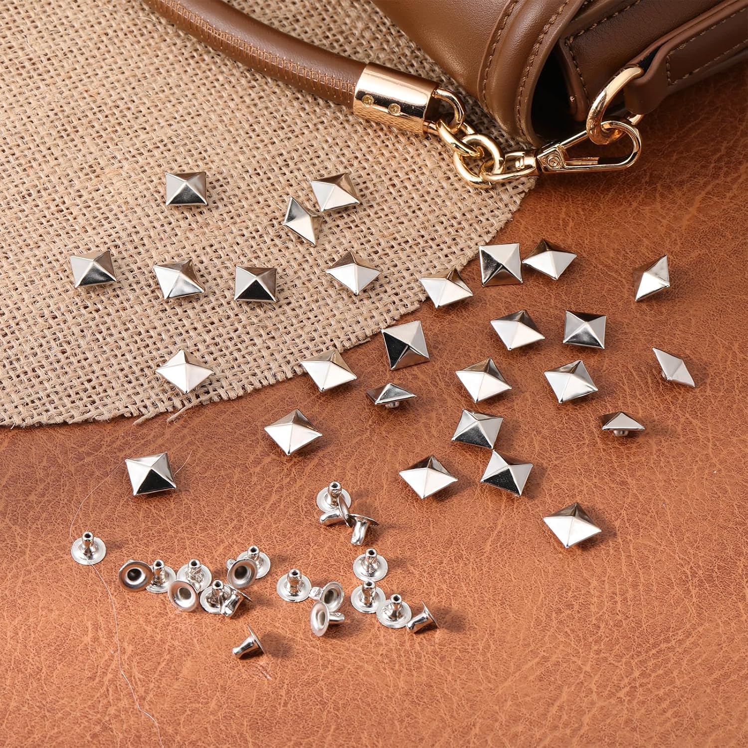 100PCS Square Pyramid Studs, 10mm/0.39 Inch Copper Flat Back Square Pyramid Rivets, Metal Nail Head Rivet for DIY Accessories, Clothing, Bag, Leather, Shoes, Jewelry, Craft, Belt, Dog Collar (Silver)