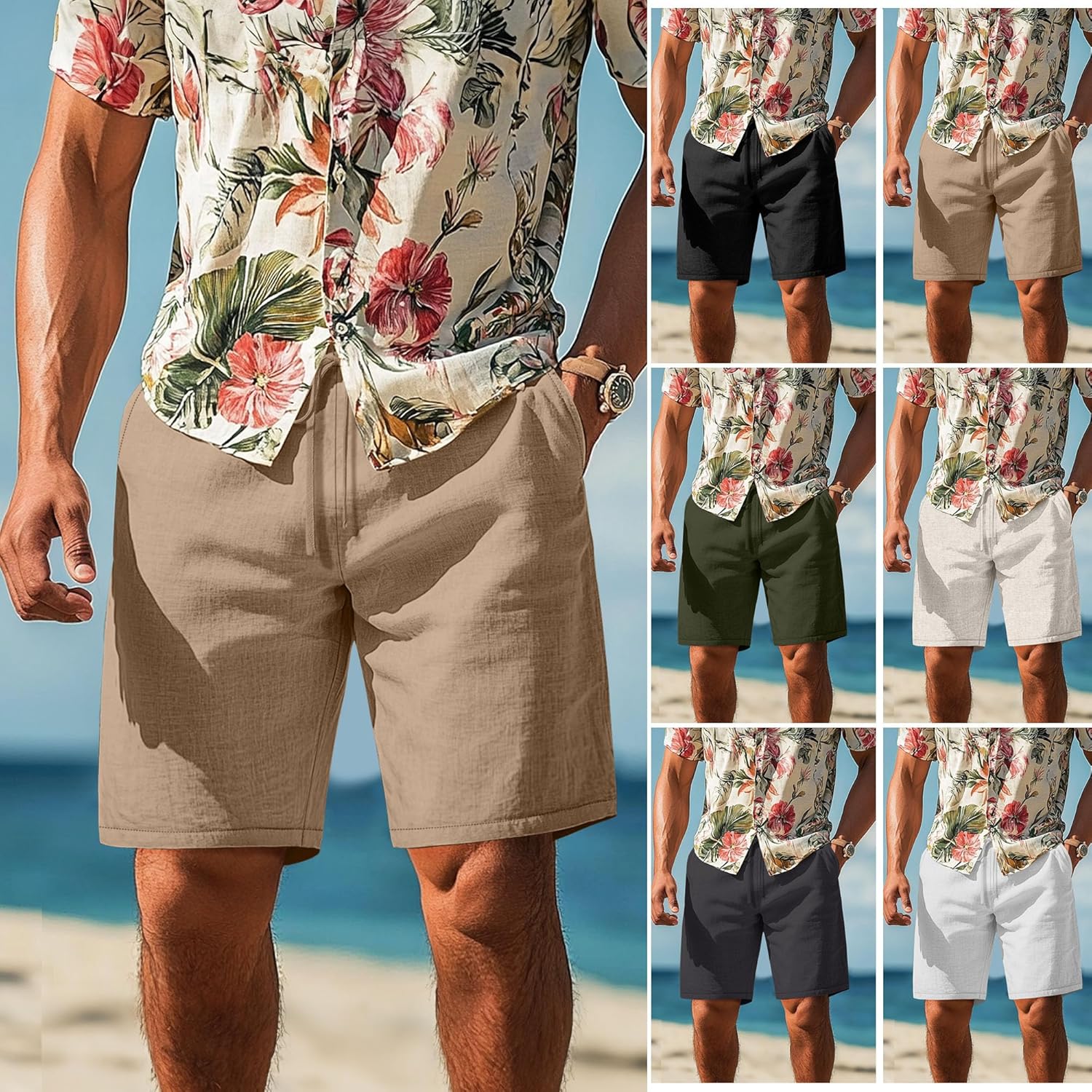 Neer 2 Pack Men's Big and Tall Linen Shorts, Casual Elastic Waist Beach Shorts Summer Drawstring Wears with Pockets - Image 6