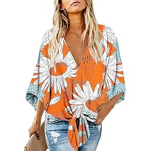 Womens Casual Floral Blouse Batwing Sleeve Loose Fitting Shirts Boho Knot Front Tops