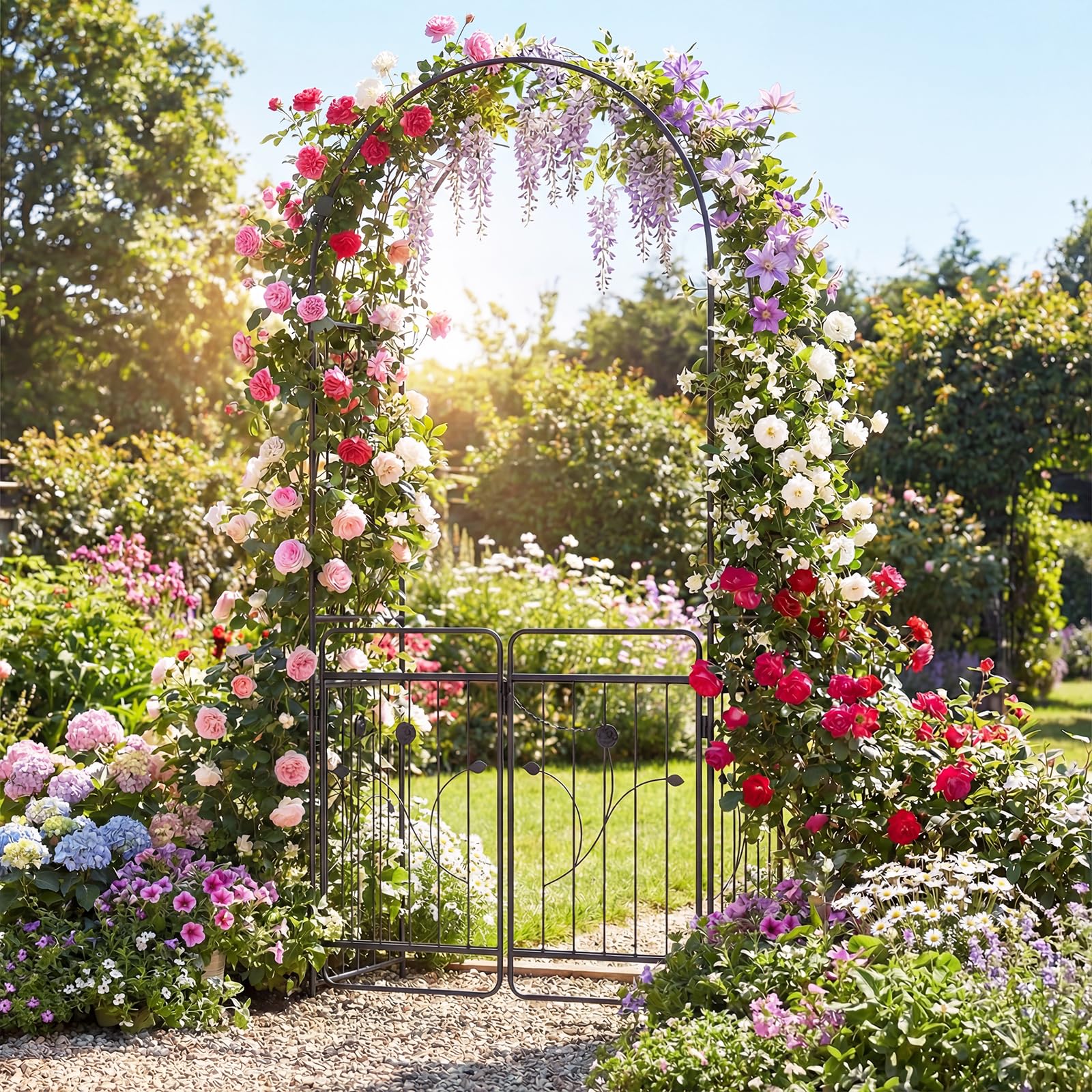 COSTWAY Rosenbogen mit Tür, Gartenbogen aus Metall stabil, Torbogen Garten, Rankbogen für Kletterpflanzen, Rankhilfe Rankgitter Rundbogen, inkl. Erdspieße, für Hochzeit Partys (102 x 49,5 x 223 cm)