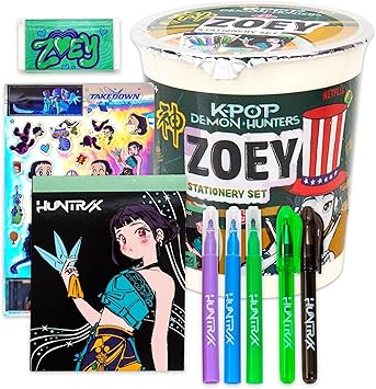 Kpop Demon HuntersTM Zoey Stationery Set with Mini Notebook, Gel Pens, Markers, Eraser, Bonus Kpop Stickers & Cute Storage, Official K Pop Demon Hunters Merch for K-Pop Fans, Students, Teens