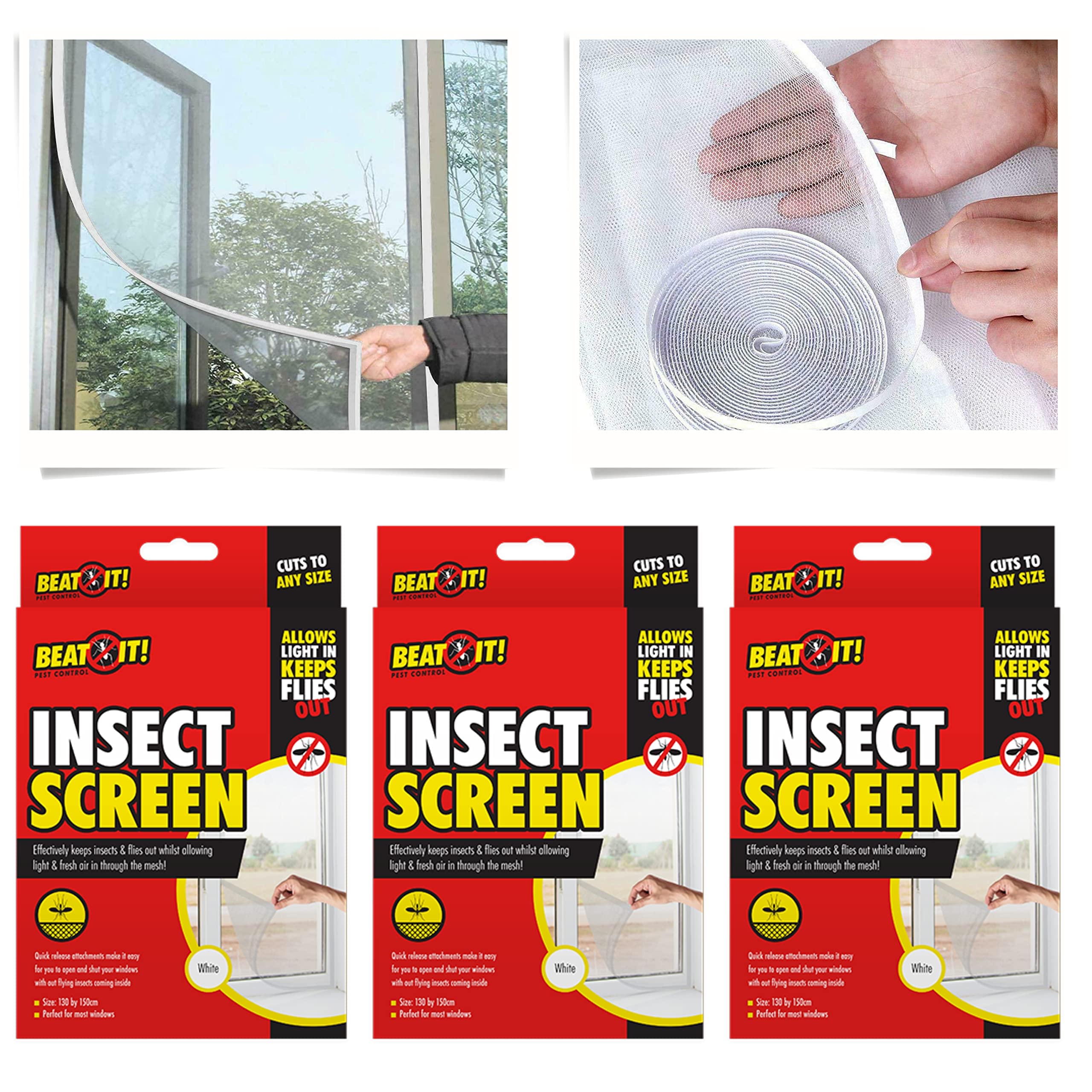 Hovuk 3X White Insect Screen Window Screens 1.3M*1.5M, 3Pk White Mesh, Fly Screens For Window, Window Nets, Self Adhesive Mosquito Netting, Fly Bug Bee Net For Windows With Roll Hook Sticky Tape