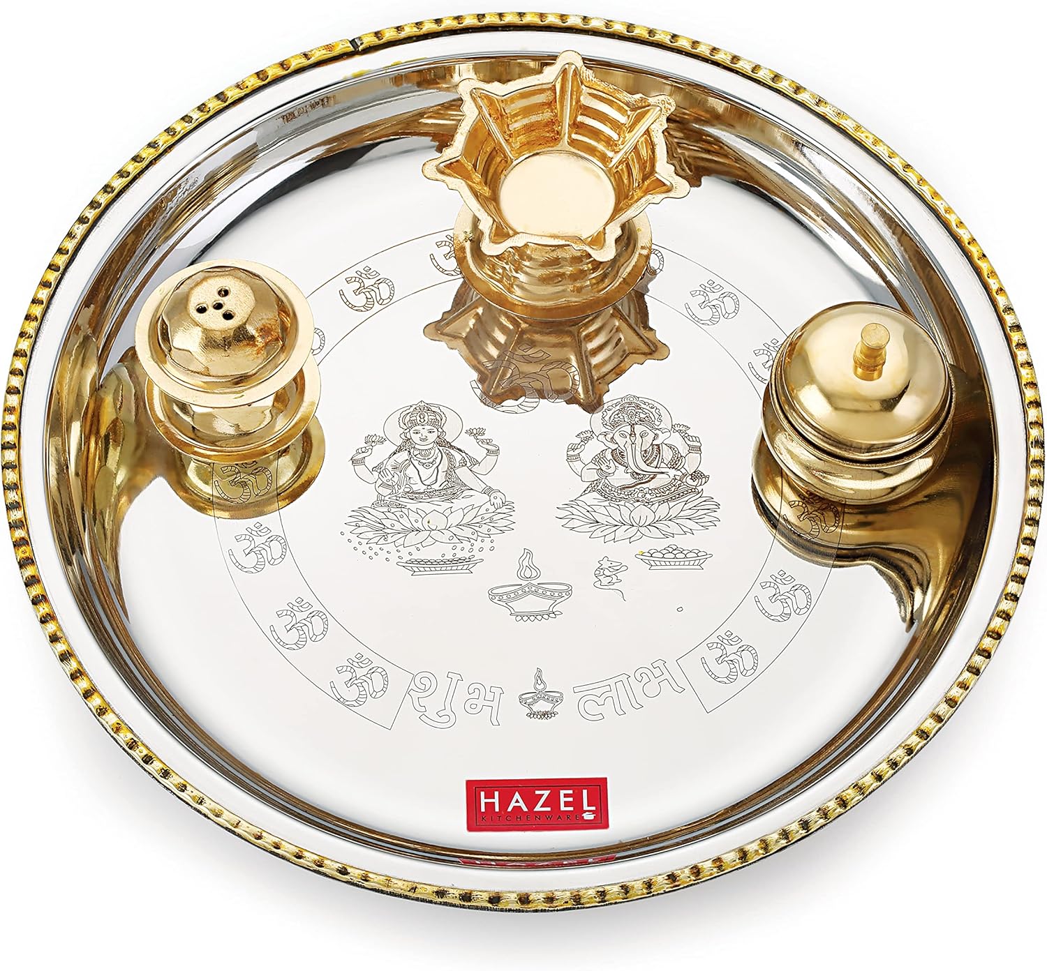 HAZEL Stainless Steel Pooja Aarti Thali Set, 11 inches with 5 Pcs Diva, 1 Pc Incense Holder and Kumkum Wati, Silver