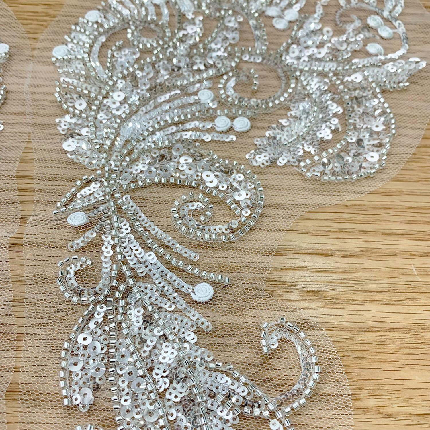 Beaded Sequin Applique Patch Floral Flower Rhinestone Tube Beaded Sequin Embroidery Patch,Lace Bodice Applique Sewing Trim Patches for Dress DIY Craft Decorative 1Pair/45 * 16CM (White)