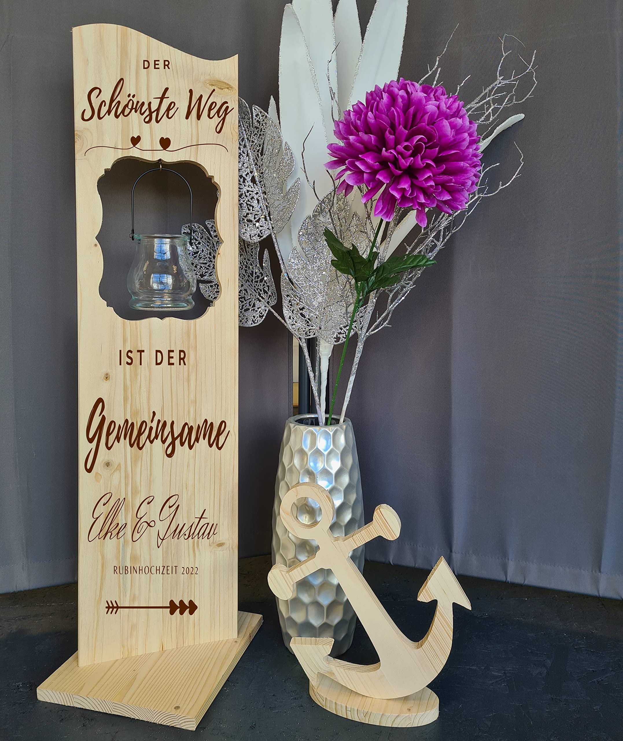 Holzaufsteller, Holz Deko Schild Holzschild Eingangsschild mit Leuchtglas oder Solarlampe Der schönste Weg ist der gemeinsame