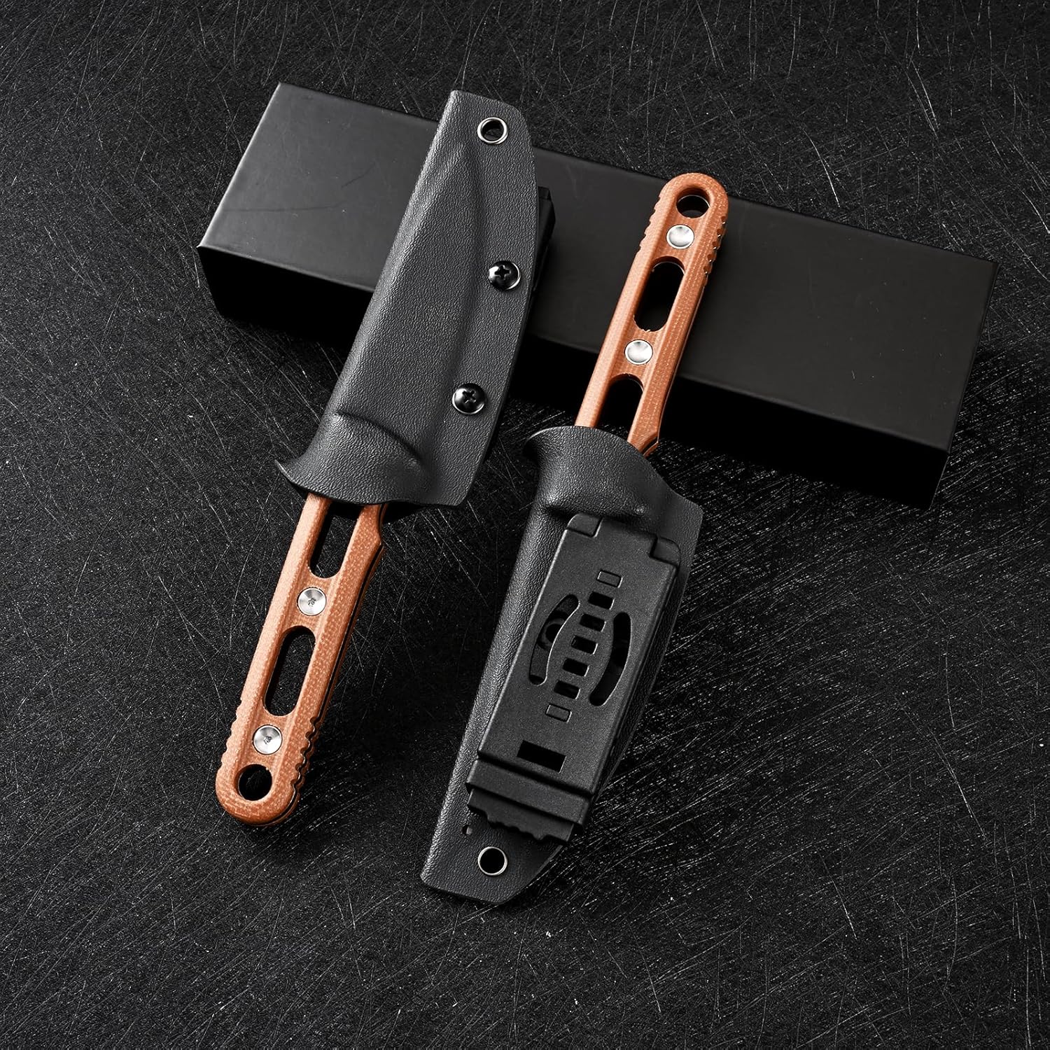 Knives DC53 Steel 3.66“Tactical Fixed Blade Knife Micarta Handle with kydex sheath for Men EDC Outdoor Camping Survival Hunting (Black stone wash+brown handle)
