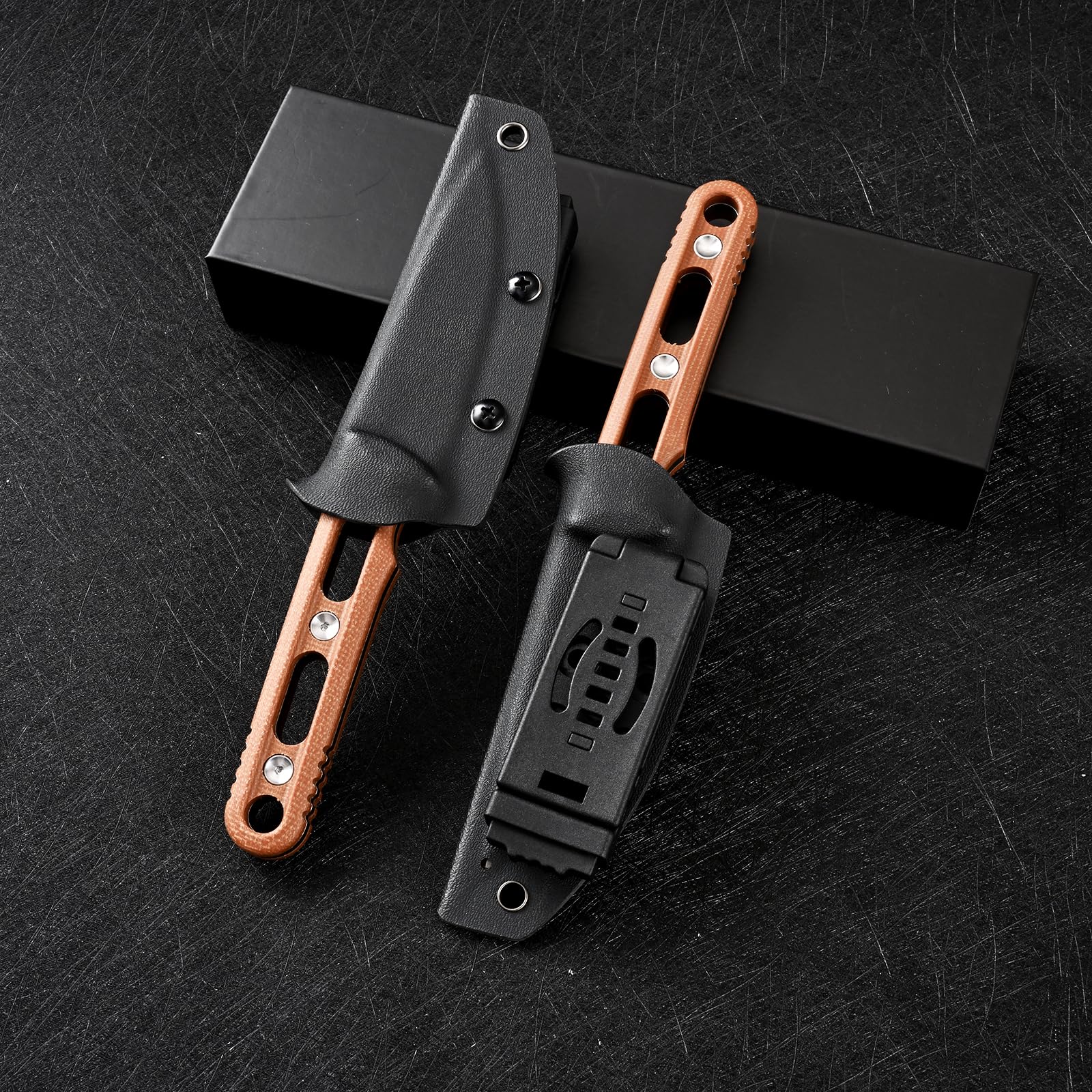 DC53 Stahl messer Feststehende Klinge mit Kydex Scheide Micarta Griff Jagdmesser für Männer EDC Camping Survival Outdoor (Schwarze Steinwäsche + braune Griffe)
