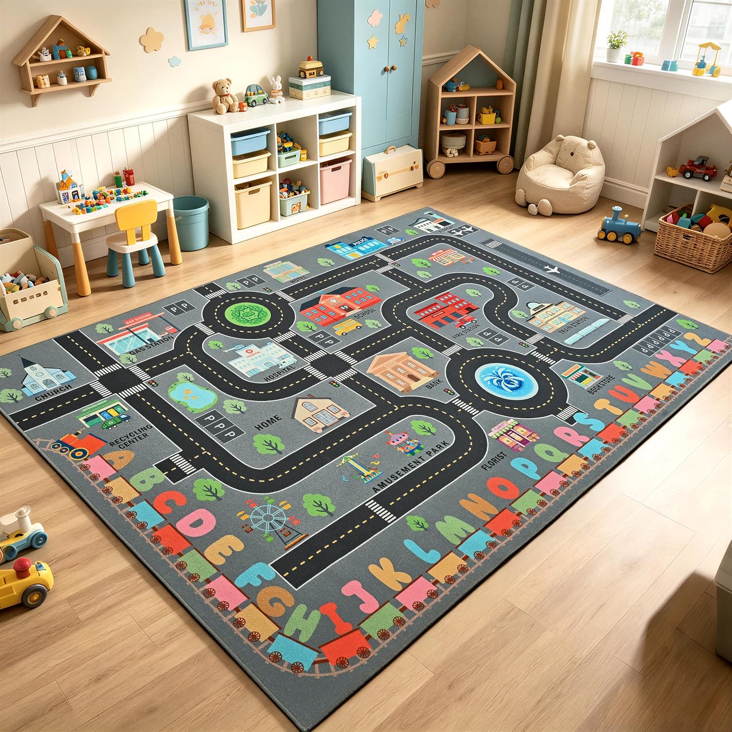 Keeko Kids Rug 5'x7', Non-Slip Washable City Road Car Track Playmat, Educational Town Traffic Map Area Rug for Playroom,Nursery，Classroom, Bedroom, Soft Play Rug for Toddler Boys and Girls