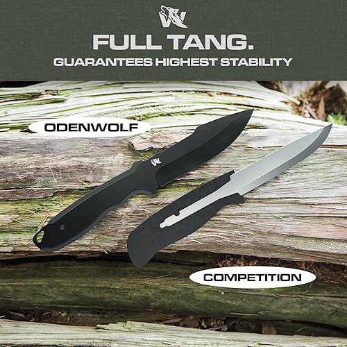 Vista 17 de ODENWOLF WOLF-I - Cuchillo de supervivencia de espiga completa con funda, elegante hoja fija táctica, hecho de acero 440C, cuchillo de supervivencia