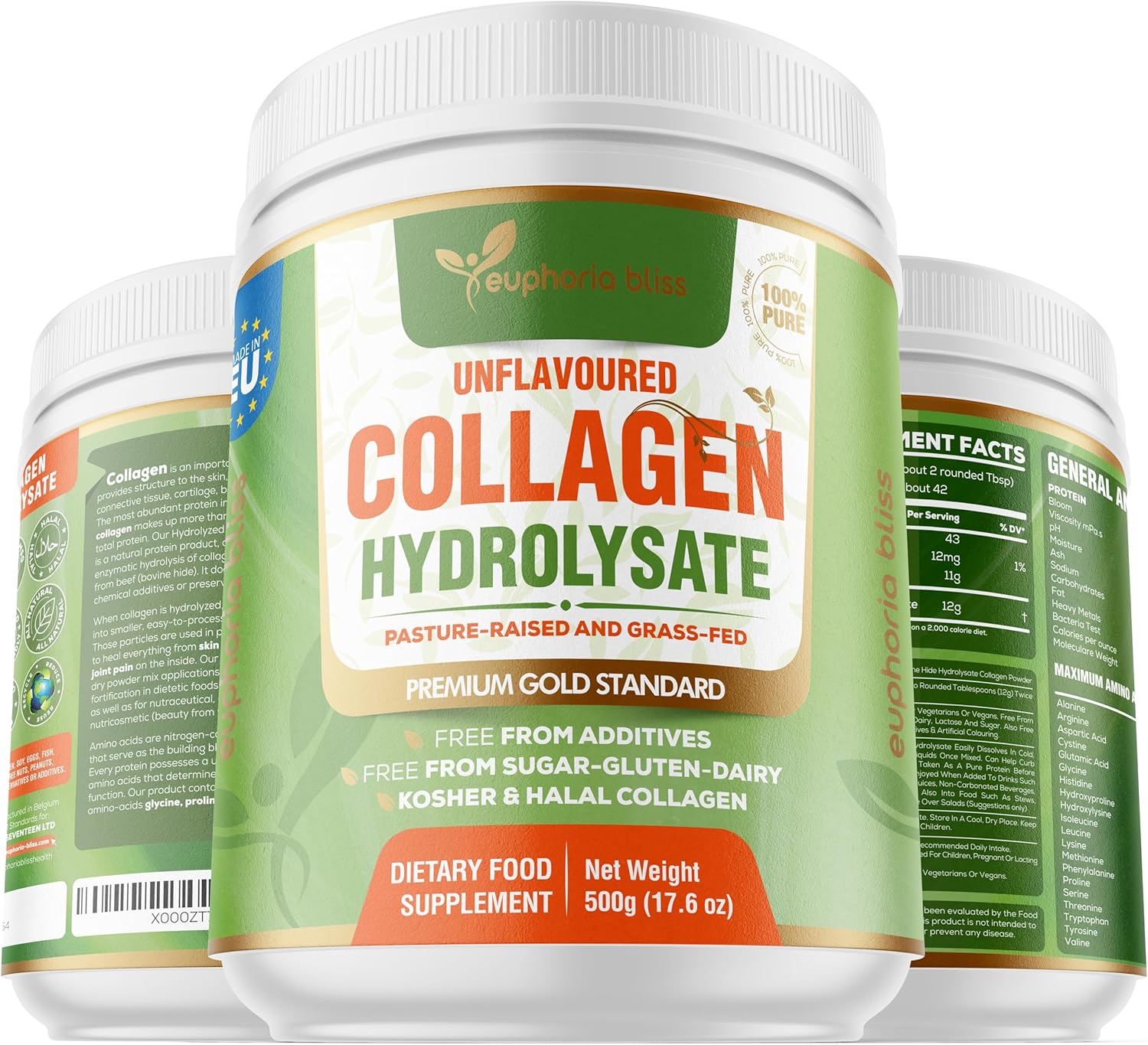 Premium Collagen Powder 500g Unflavoured High Grade Hydrolysed Collagen Joints, Bones, Gut, Wrinkles, Hair, Skin, Nails, Pain, Injury, Sleep, Fitness, Fasting Friendly, Keto, Halal & Kosher Certified