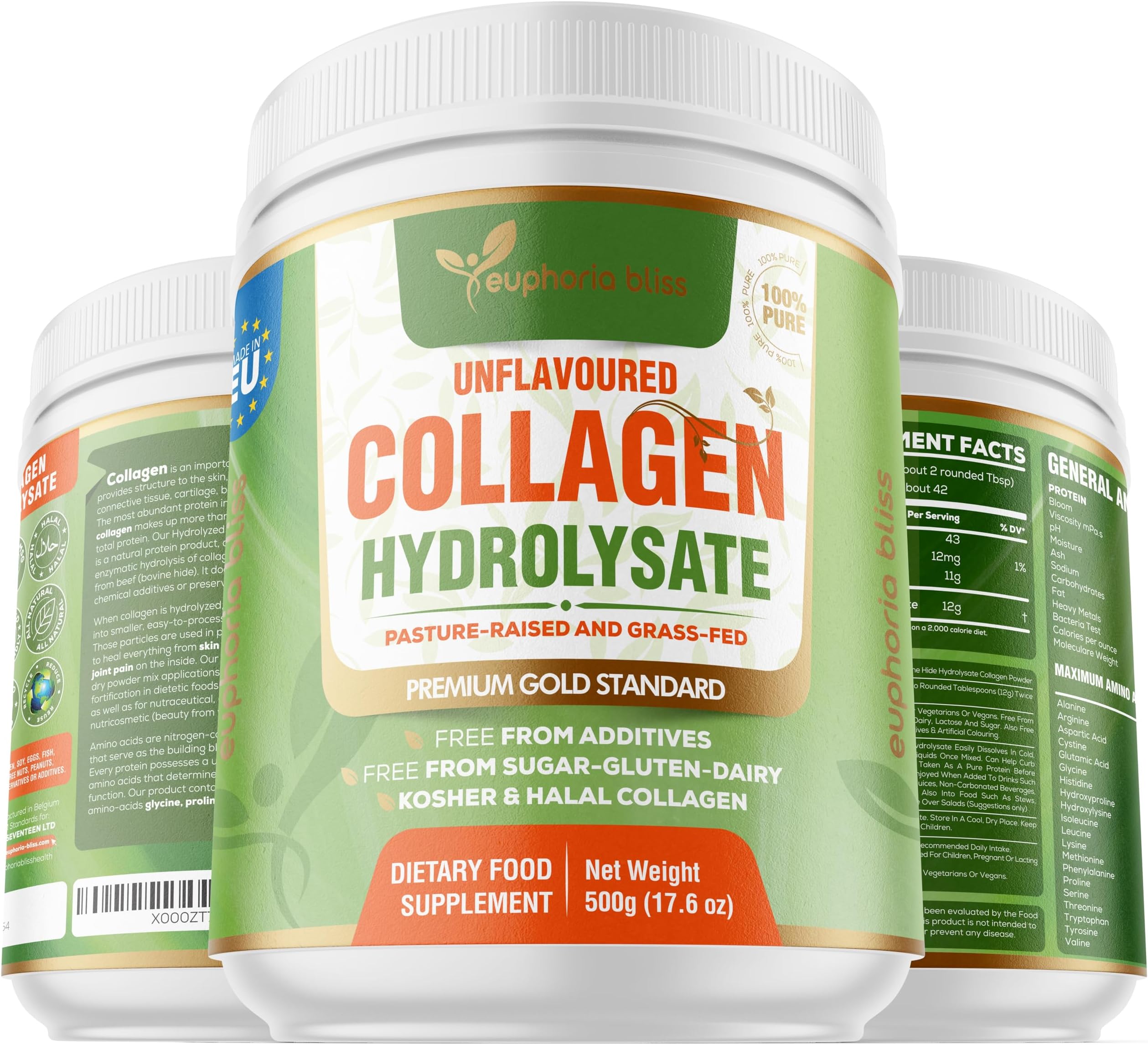 Premium Collagen Powder 500g Unflavoured High Grade Hydrolysed Collagen Joints, Bones, Gut, Wrinkles, Hair, Skin, Nails, Pain, Injury, Sleep, Fitness, Fasting Friendly, Keto, Halal & Kosher Certified