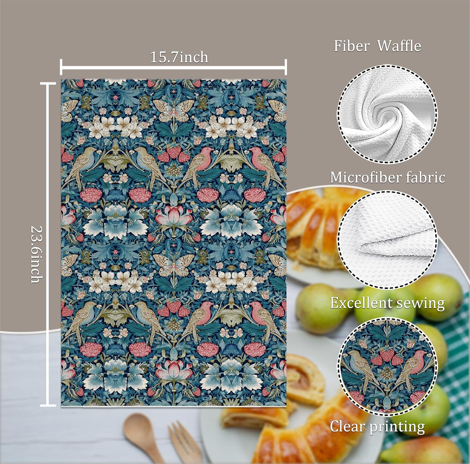 William Morris Kitchen Towels Set of 4, Vintage Botanical Floral & Bird Dish Cloths for Kitchen Decor, Farmhouse Style Decorative Tea Towels, for Home