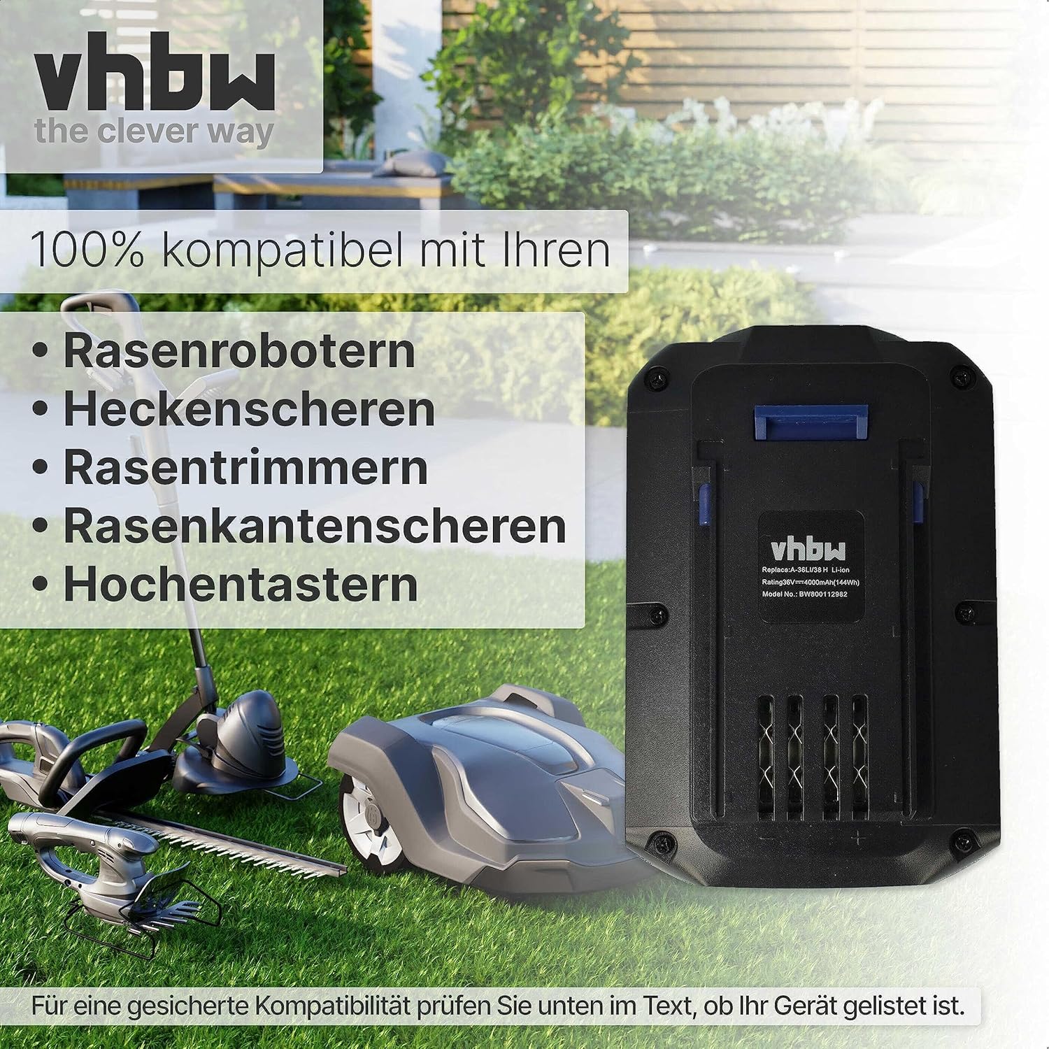 vhbw battery compatible with various garden tools including robotic lawn mowers, hedge trimmers, and grass trimmers