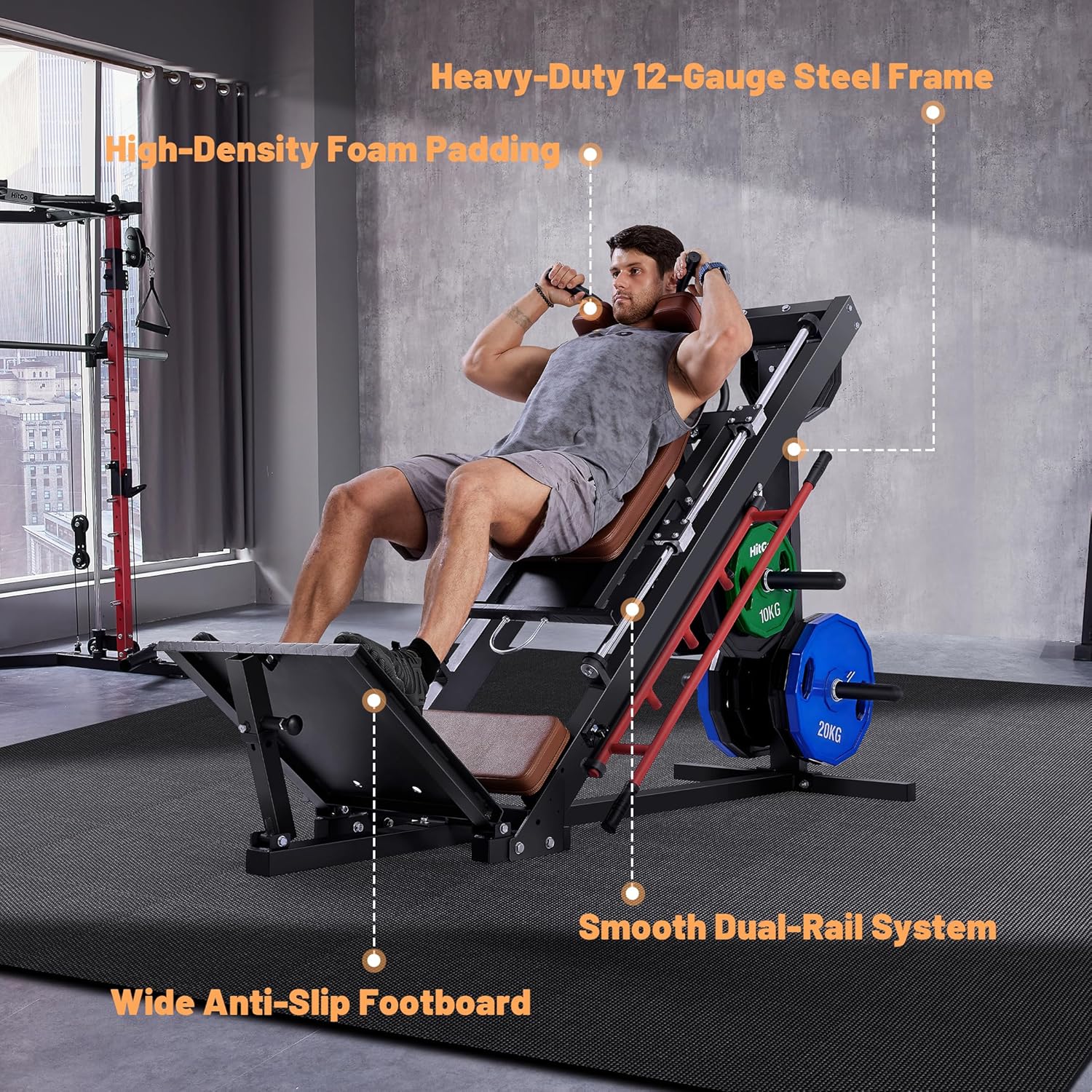 Hack Squat and Leg Press Combo Machine with Linear Bearing Guide Rails, Seamless Conversion Design, 1000 lb Capacity, for Quad, Glutes and Hamstring Training